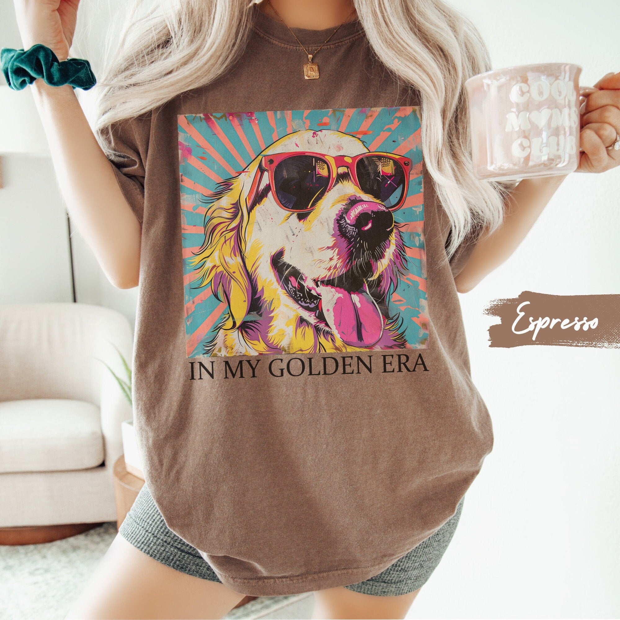 Bojjico In My Golden Era Golden Retriever Graphic T-Shirt Women Dog Mom Retro 70s Vintage Pop Art Aesthetic Moss Green Blue Jean Cotton Loose Oversized Tee Gift For Dog Lover Eras Tour Theme Casual Basic Short Sleeve Summer Vibes Top