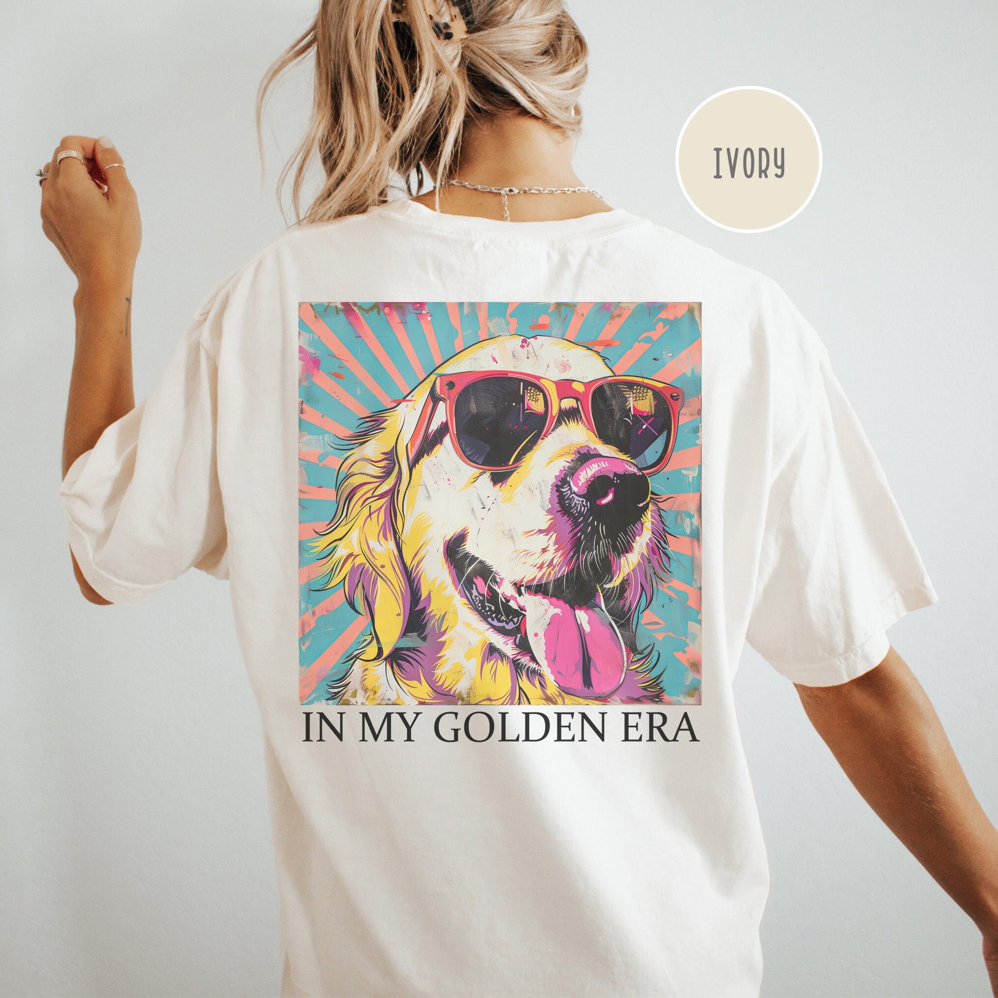 Bojjico In My Golden Era Golden Retriever Graphic T-Shirt Women Dog Mom Retro 70s Vintage Pop Art Aesthetic Moss Green Blue Jean Cotton Loose Oversized Tee Gift For Dog Lover Eras Tour Theme Casual Basic Short Sleeve Summer Vibes Top