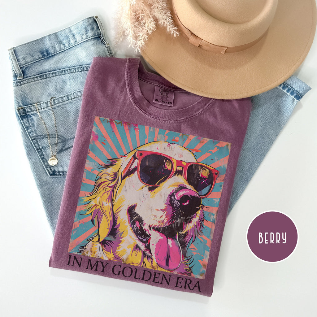 Bojjico In My Golden Era Golden Retriever Graphic T-Shirt Women Dog Mom Retro 70s Vintage Pop Art Aesthetic Moss Green Blue Jean Cotton Loose Oversized Tee Gift For Dog Lover Eras Tour Theme Casual Basic Short Sleeve Summer Vibes Top