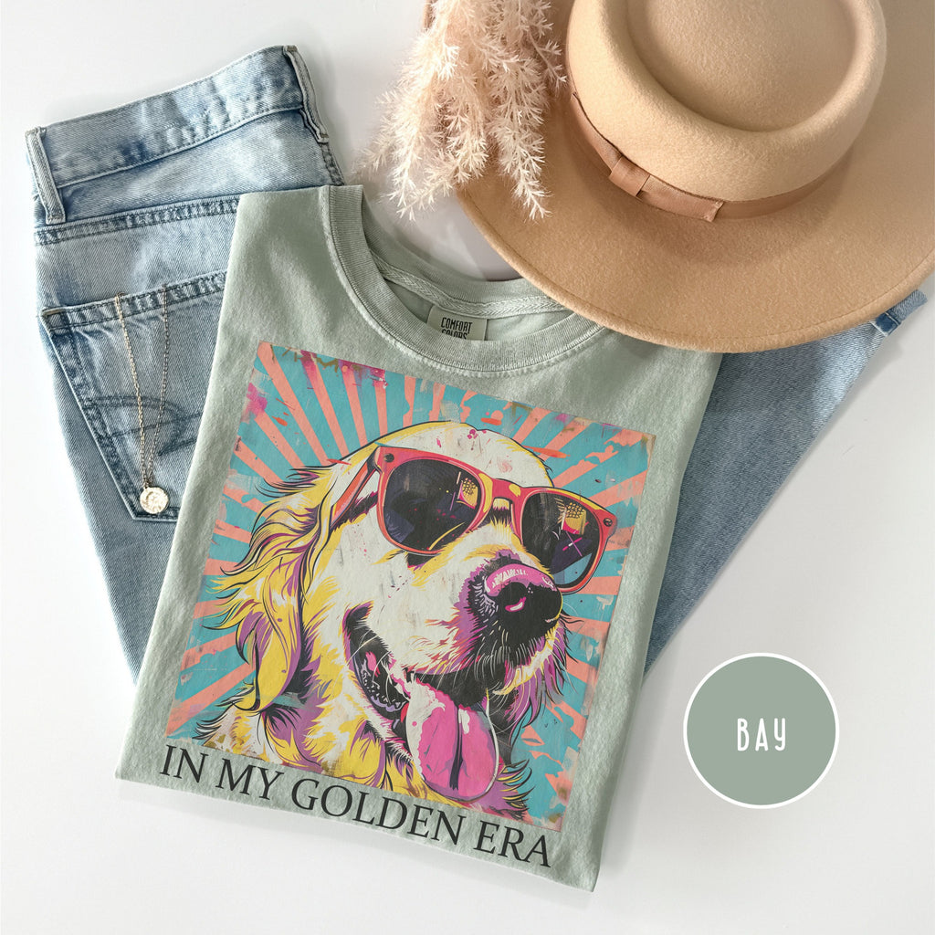 Bojjico In My Golden Era Golden Retriever Graphic T-Shirt Women Dog Mom Retro 70s Vintage Pop Art Aesthetic Moss Green Blue Jean Cotton Loose Oversized Tee Gift For Dog Lover Eras Tour Theme Casual Basic Short Sleeve Summer Vibes Top