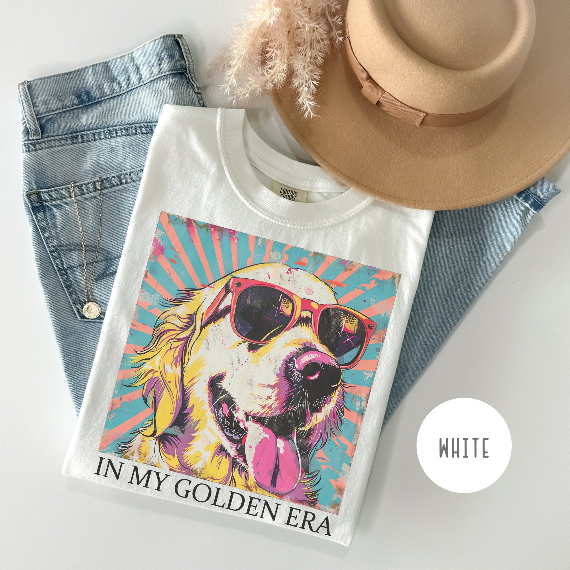 Bojjico In My Golden Era Golden Retriever Graphic T-Shirt Women Dog Mom Retro 70s Vintage Pop Art Aesthetic Moss Green Blue Jean Cotton Loose Oversized Tee Gift For Dog Lover Eras Tour Theme Casual Basic Short Sleeve Summer Vibes Top
