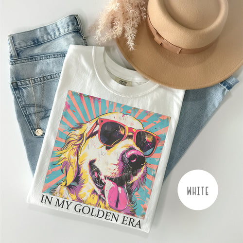Bojjico In My Golden Era Golden Retriever Graphic T-Shirt Women Dog Mom Retro 70s Vintage Pop Art Aesthetic Moss Green Blue Jean Cotton Loose Oversized Tee Gift For Dog Lover Eras Tour Theme Casual Basic Short Sleeve Summer Vibes Top