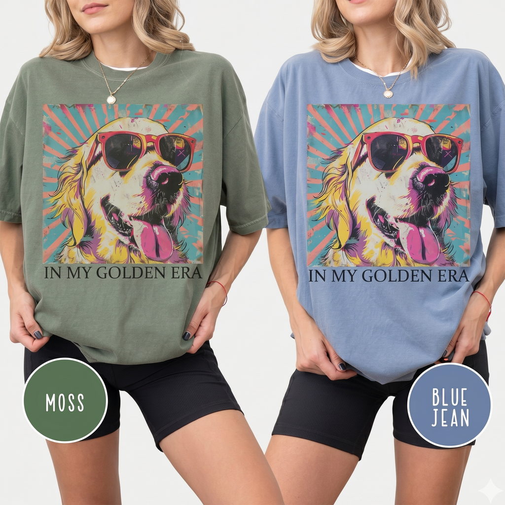 Bojjico In My Golden Era Golden Retriever Graphic T-Shirt Women Dog Mom Retro 70s Vintage Pop Art Aesthetic Moss Green Blue Jean Cotton Loose Oversized Tee Gift For Dog Lover Eras Tour Theme Casual Basic Short Sleeve Summer Vibes Top