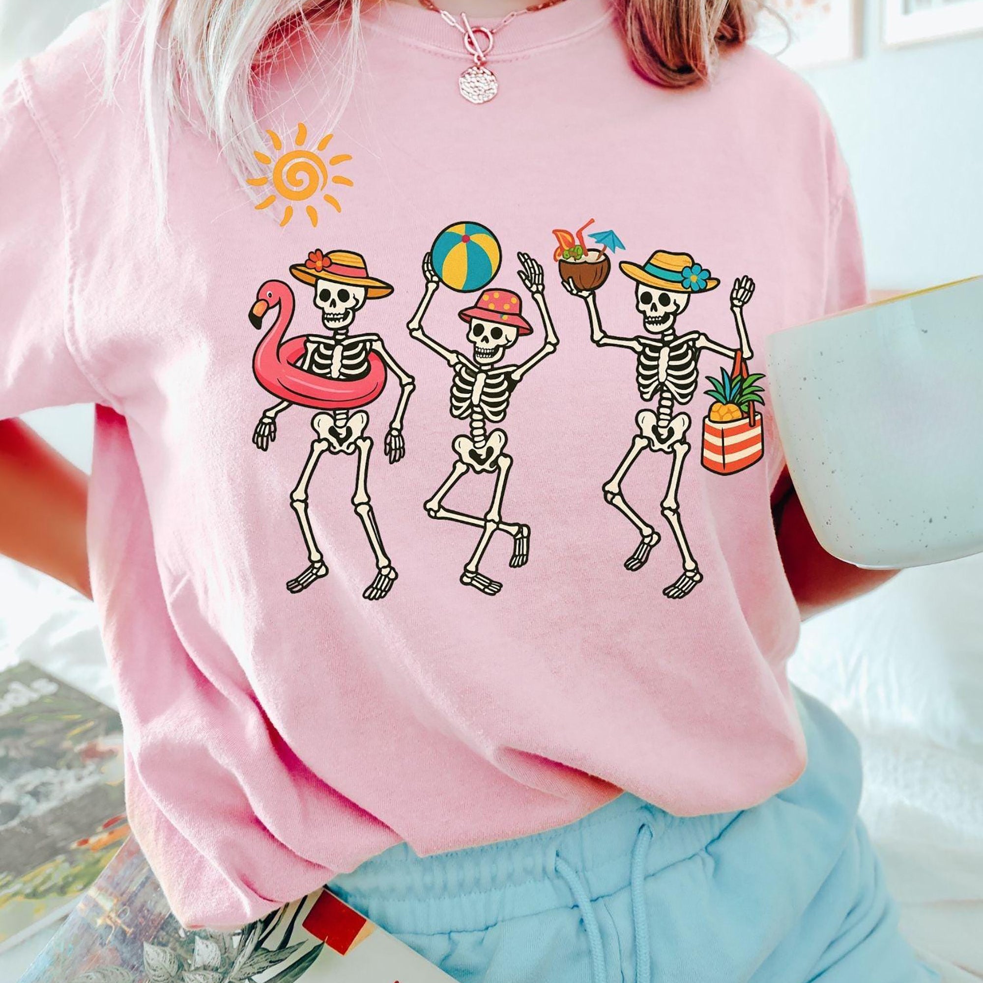 Bojjico Funny Dancing Skeletons Summer Beach Graphic T-Shirt For Women Retro Casual Beach Holiday Vacation Light Green 100% Cotton Tee Trendy Skeleton Shirt Cute Spooky Summer Aesthetic Ladies Vacation Clothes