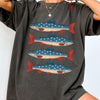 Bojjico Patriotic American Flag Trout Fish Oversized Graphic T-Shirt for Women Vintage Retro Americana Aesthetic Faded Charcoal Cotton Tee 4th of July Fishing Apparel Summer Loose Casual Top Independence Day Bass Fisherman Shirt Gift