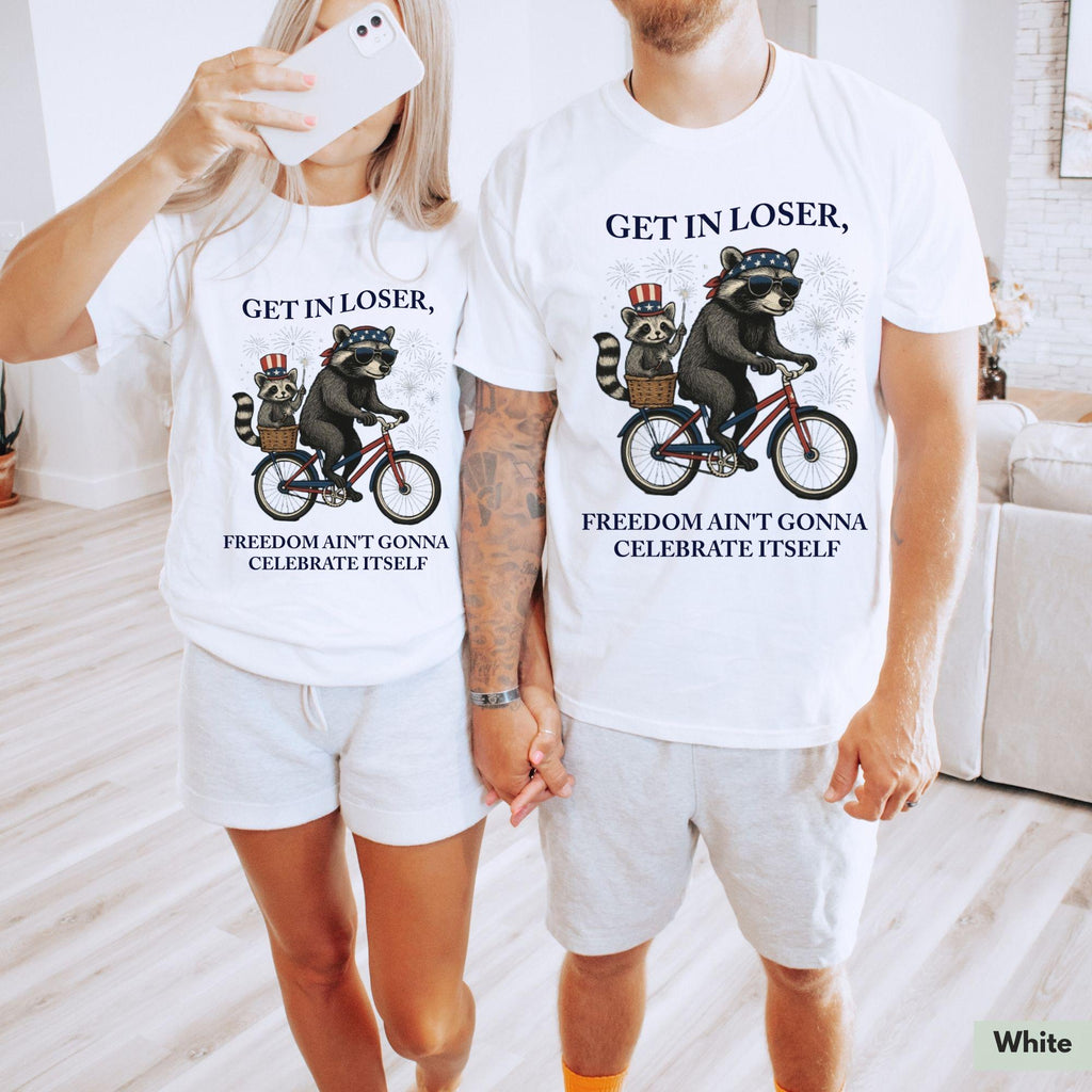 Bojjico Get In Loser Funny Raccoon Graphic Tee For Women Retro Vintage Feral Patriotic Graphic Shirt Crimson Cotton 4th Of July 250th Independence Day Anniversary Trash Panda Meme Festival Outfit Summer Top Casual Holiday Apparel