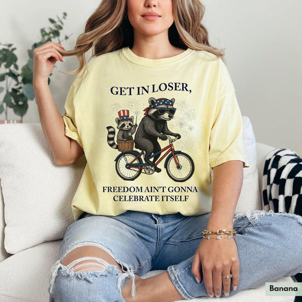 Bojjico Get In Loser Funny Raccoon Graphic Tee For Women Retro Vintage Feral Patriotic Graphic Shirt Crimson Cotton 4th Of July 250th Independence Day Anniversary Trash Panda Meme Festival Outfit Summer Top Casual Holiday Apparel