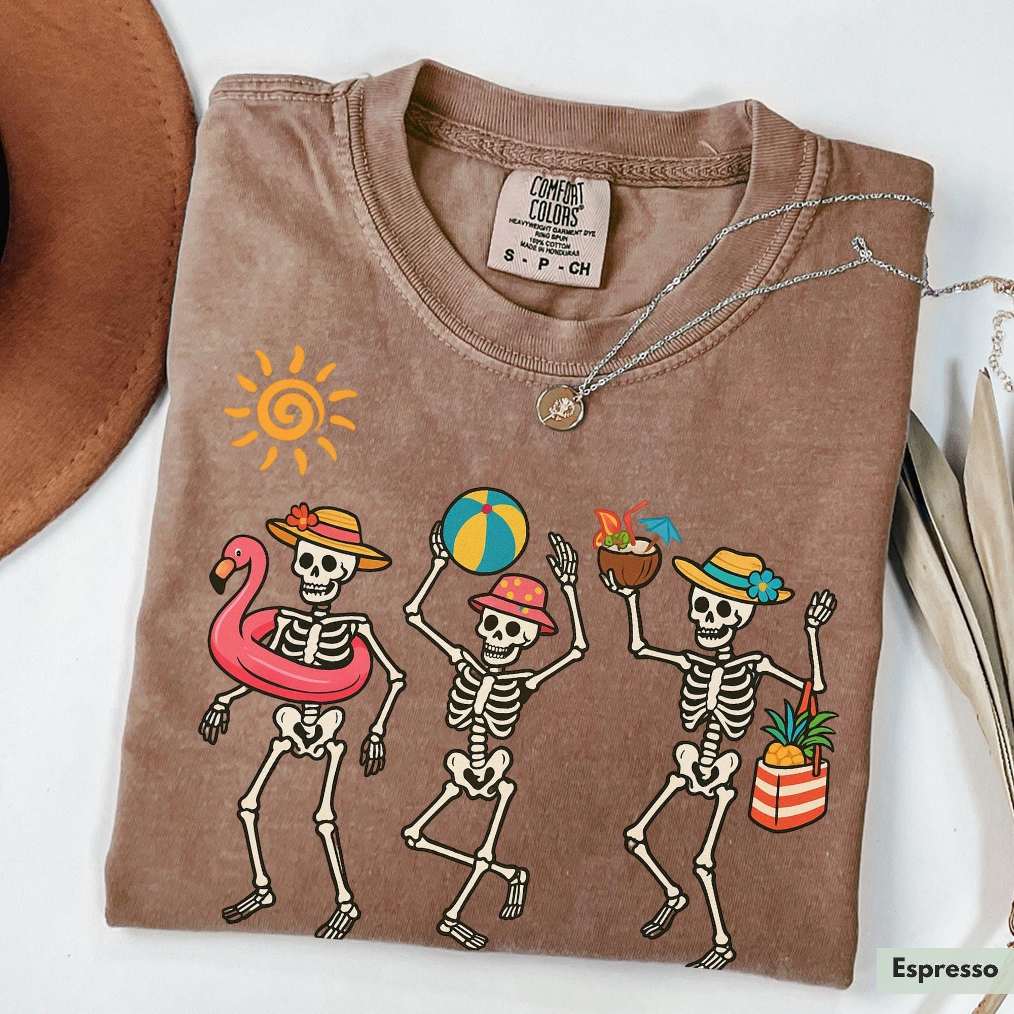 Bojjico Funny Dancing Skeletons Summer Beach Graphic T-Shirt For Women Retro Casual Beach Holiday Vacation Light Green 100% Cotton Tee Trendy Skeleton Shirt Cute Spooky Summer Aesthetic Ladies Vacation Clothes