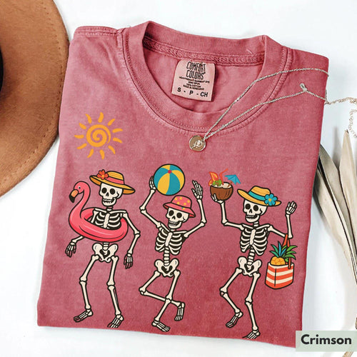 Bojjico Funny Dancing Skeletons Summer Beach Graphic T-Shirt For Women Retro Casual Beach Holiday Vacation Light Green 100% Cotton Tee Trendy Skeleton Shirt Cute Spooky Summer Aesthetic Ladies Vacation Clothes