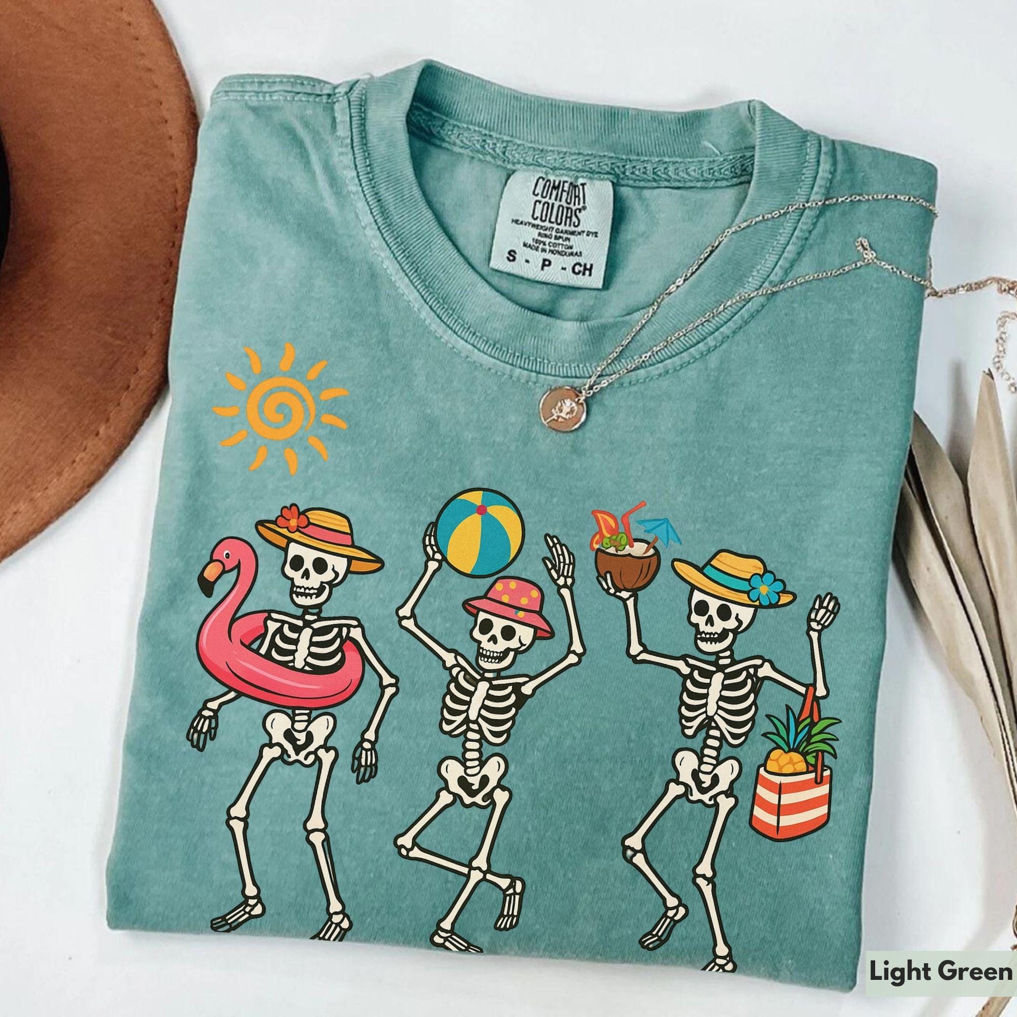 Bojjico Funny Dancing Skeletons Summer Beach Graphic T-Shirt For Women Retro Casual Beach Holiday Vacation Light Green 100% Cotton Tee Trendy Skeleton Shirt Cute Spooky Summer Aesthetic Ladies Vacation Clothes