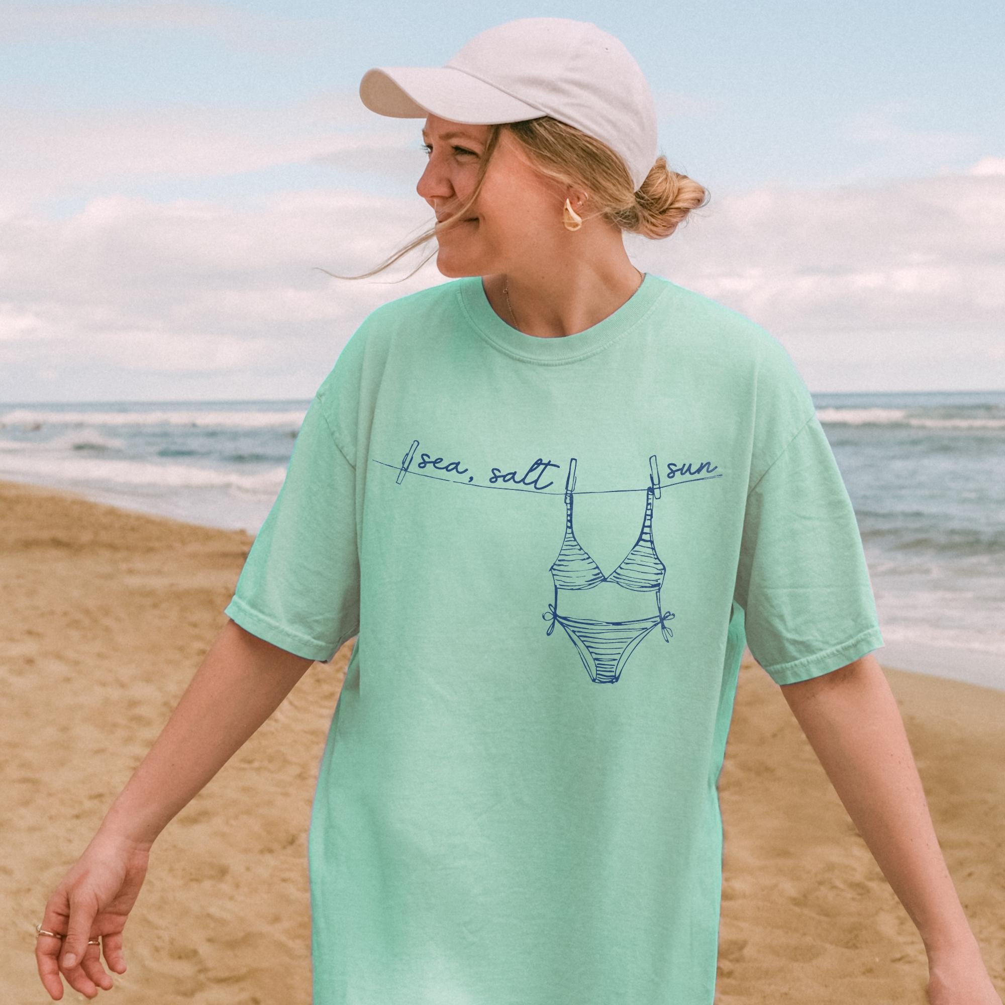 Bojjico Sea Salt Sun Bikini Graphic Oversized T-Shirt For Women Coastal Granddaughter Preppy Summer Beachy Vintage White Cotton Apparel Beach Holiday Vacation Top Casual Loose Fit Tee Trendy Retro Summervibes Cover Up Clothes
