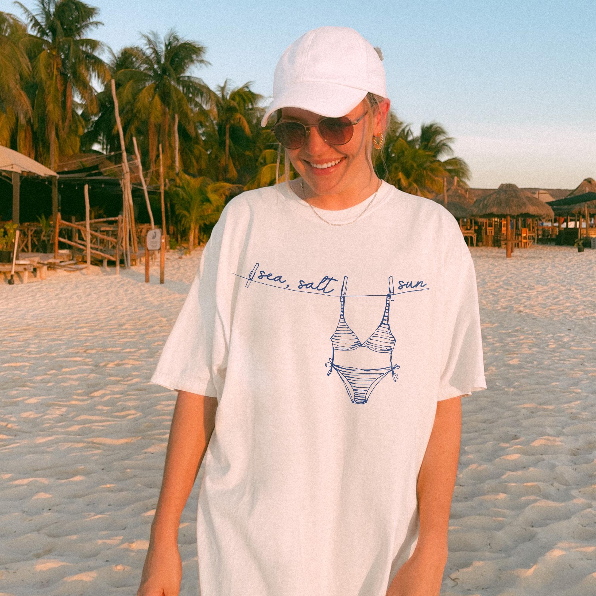 Bojjico Sea Salt Sun Bikini Graphic Oversized T-Shirt For Women Coastal Granddaughter Preppy Summer Beachy Vintage White Cotton Apparel Beach Holiday Vacation Top Casual Loose Fit Tee Trendy Retro Summervibes Cover Up Clothes