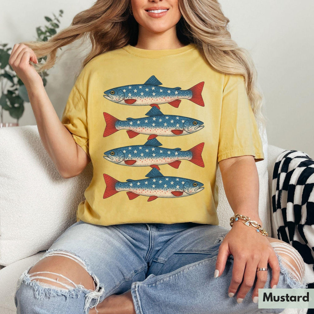 Bojjico Patriotic American Flag Trout Fish Oversized Graphic T-Shirt for Women Vintage Retro Americana Aesthetic Faded Charcoal Cotton Tee 4th of July Fishing Apparel Summer Loose Casual Top Independence Day Bass Fisherman Shirt Gift