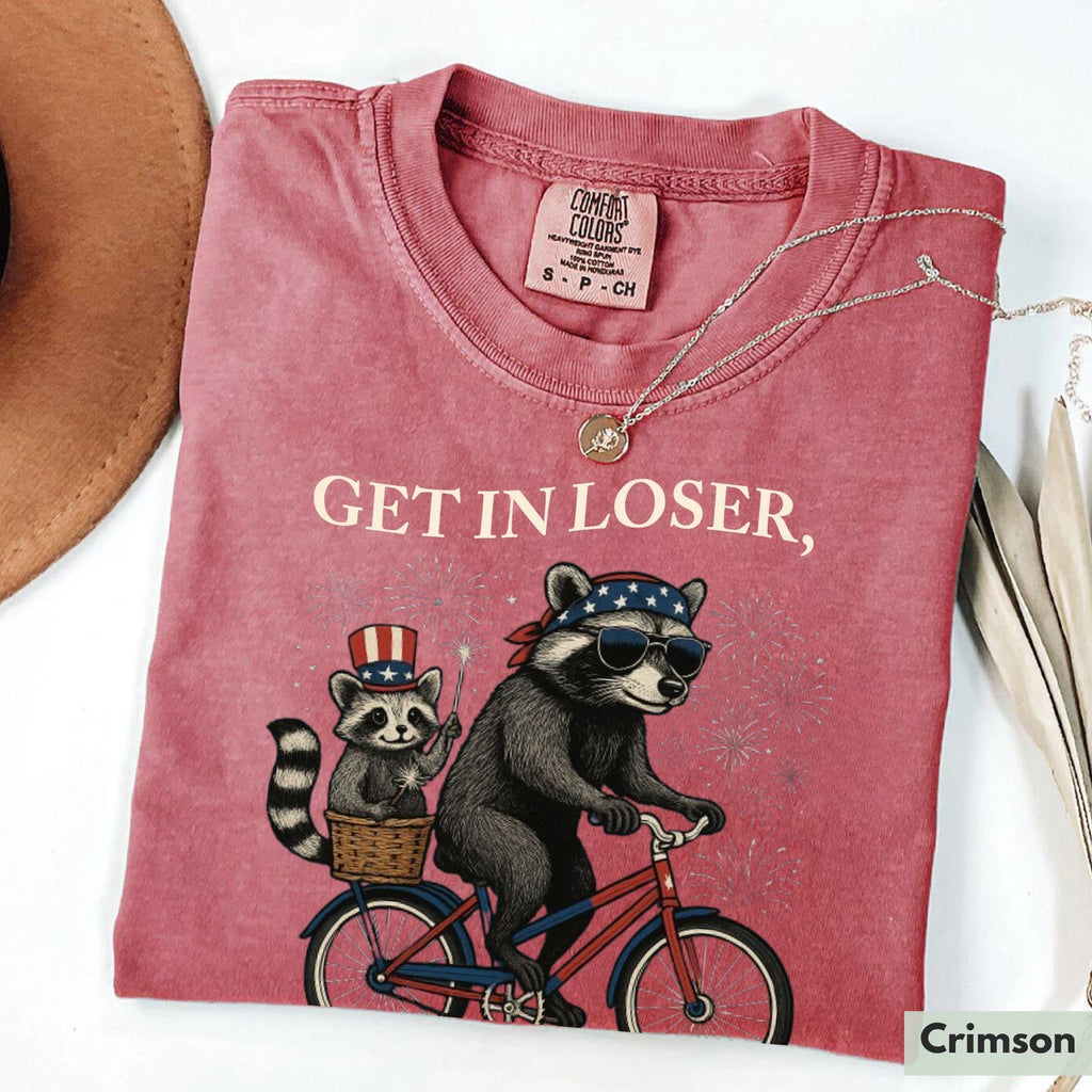 Bojjico Get In Loser Funny Raccoon Graphic Tee For Women Retro Vintage Feral Patriotic Graphic Shirt Crimson Cotton 4th Of July 250th Independence Day Anniversary Trash Panda Meme Festival Outfit Summer Top Casual Holiday Apparel