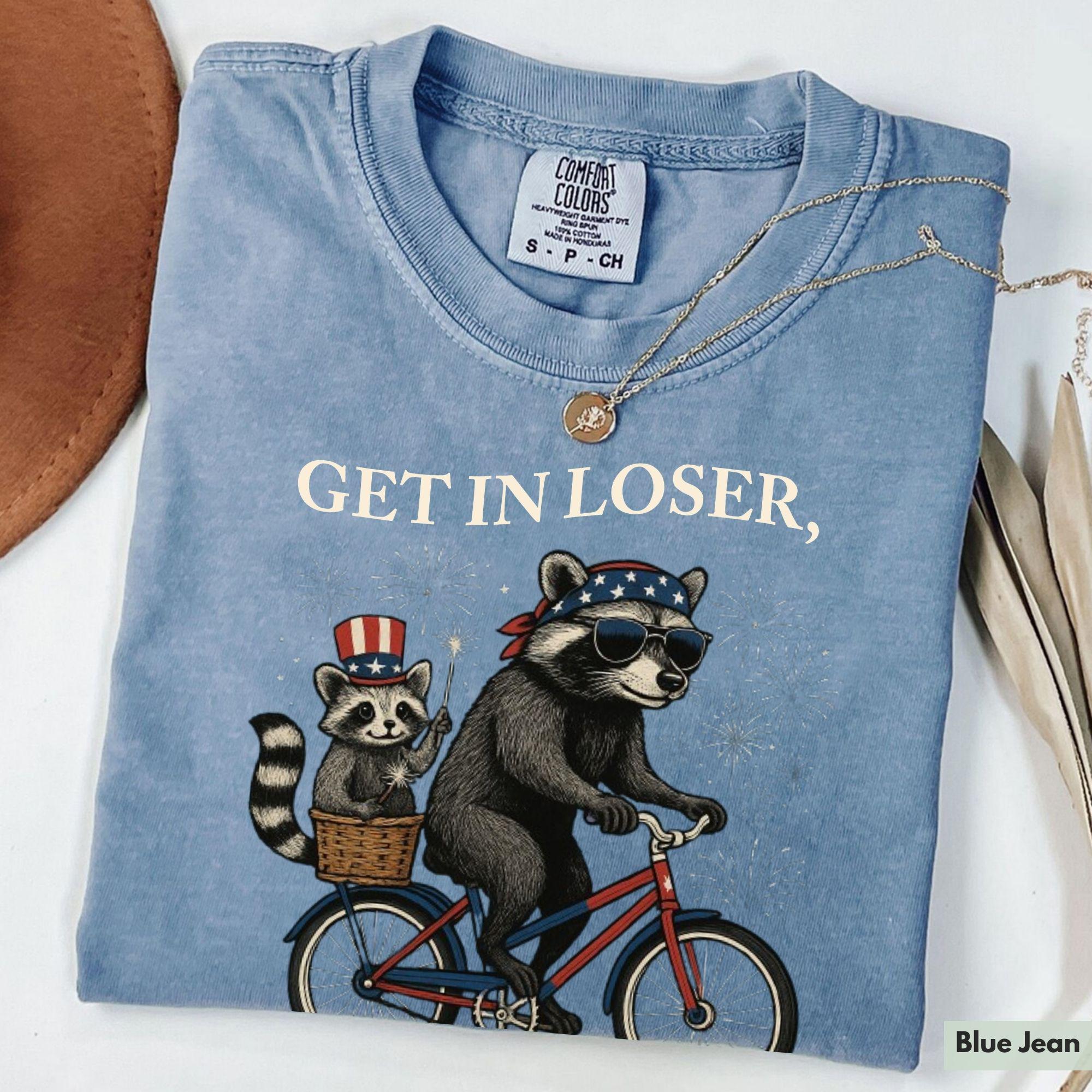 Bojjico Get In Loser Funny Raccoon Graphic Tee For Women Retro Vintage Feral Patriotic Graphic Shirt Crimson Cotton 4th Of July 250th Independence Day Anniversary Trash Panda Meme Festival Outfit Summer Top Casual Holiday Apparel