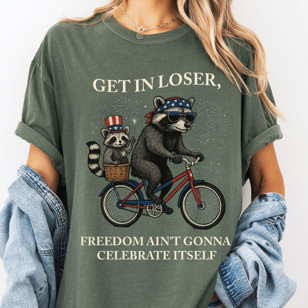 Bojjico Get In Loser Funny Raccoon Graphic Tee For Women Retro Vintage Feral Patriotic Graphic Shirt Crimson Cotton 4th Of July 250th Independence Day Anniversary Trash Panda Meme Festival Outfit Summer Top Casual Holiday Apparel