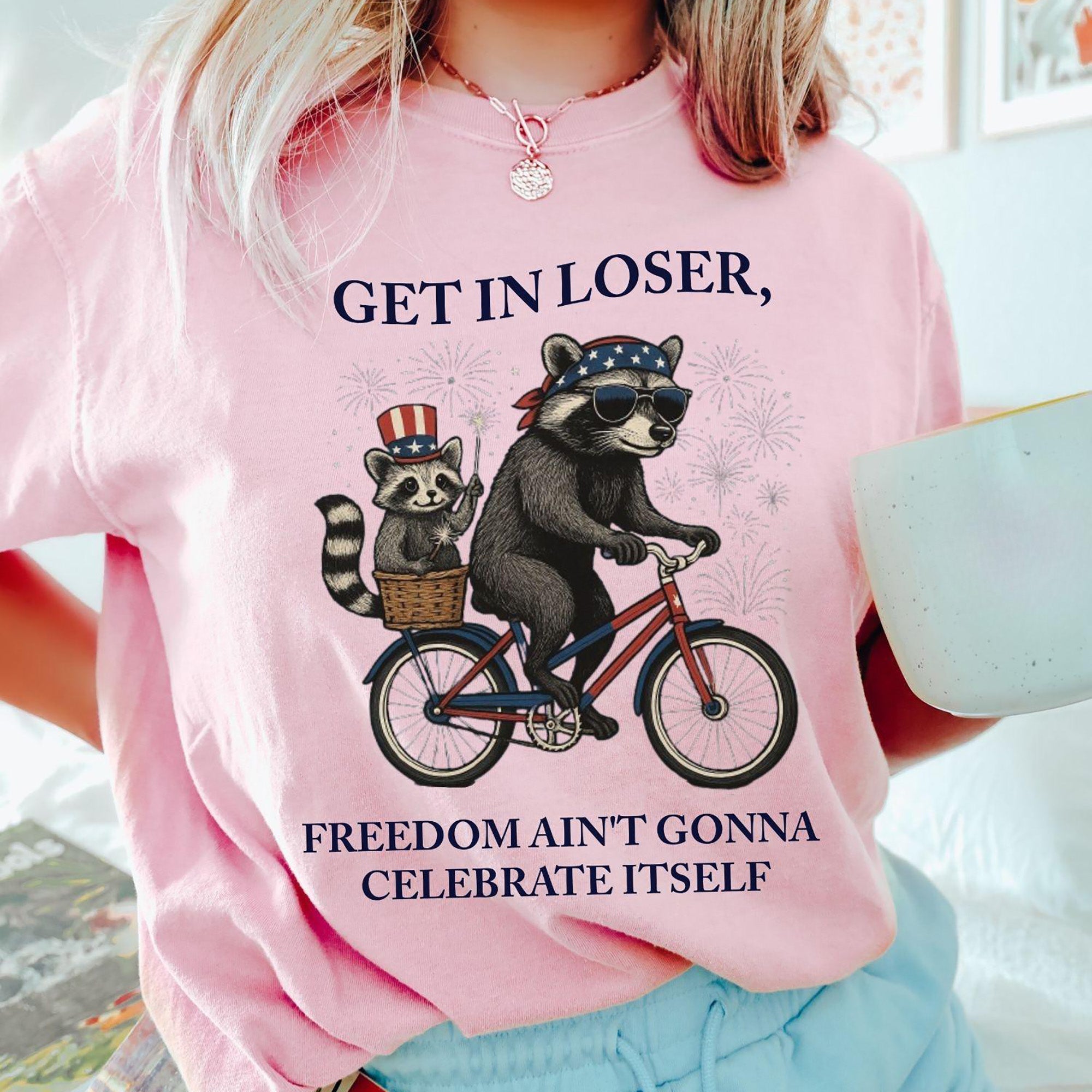 Bojjico Get In Loser Funny Raccoon Graphic Tee For Women Retro Vintage Feral Patriotic Graphic Shirt Crimson Cotton 4th Of July 250th Independence Day Anniversary Trash Panda Meme Festival Outfit Summer Top Casual Holiday Apparel