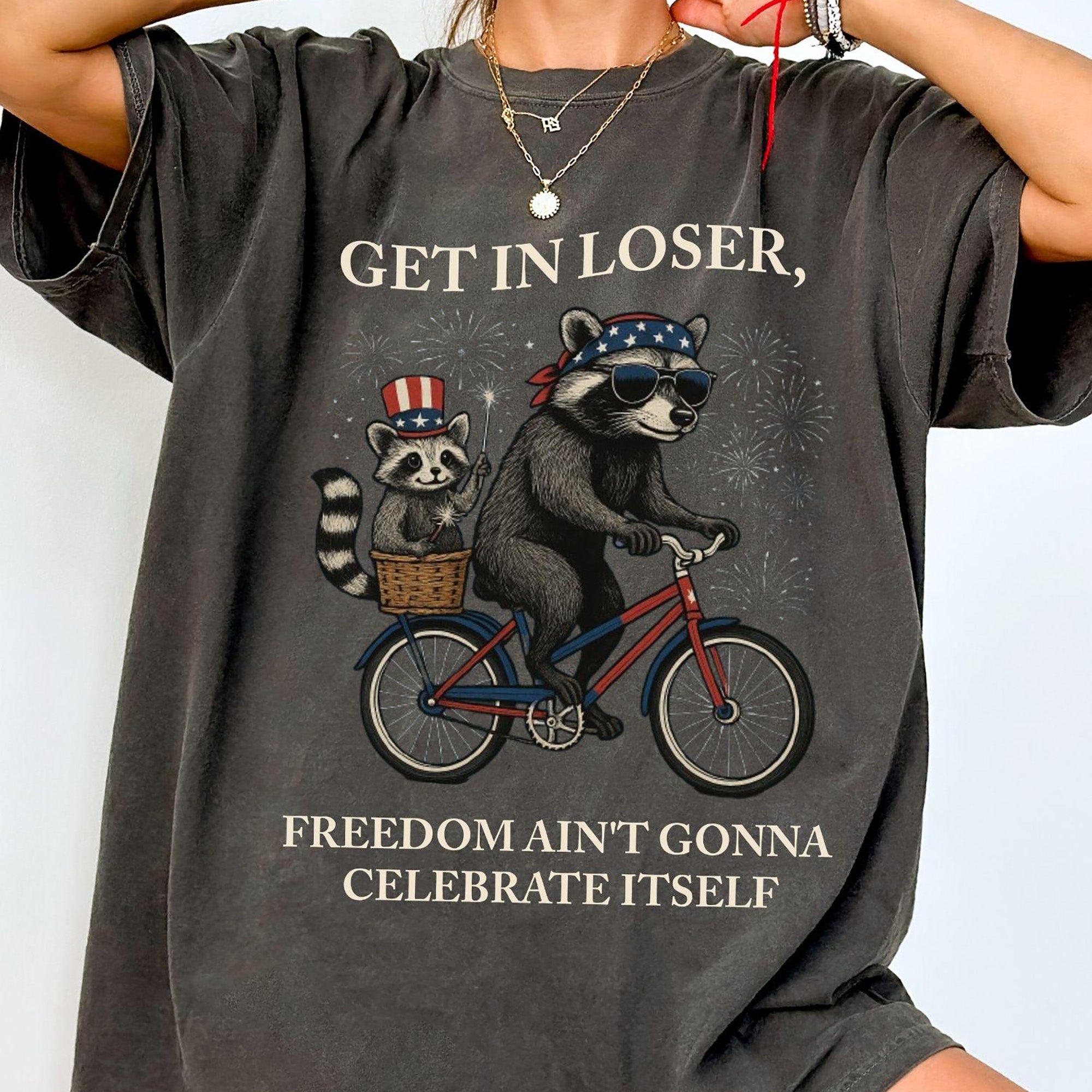 Bojjico Get In Loser Funny Raccoon Graphic Tee For Women Retro Vintage Feral Patriotic Graphic Shirt Crimson Cotton 4th Of July 250th Independence Day Anniversary Trash Panda Meme Festival Outfit Summer Top Casual Holiday Apparel