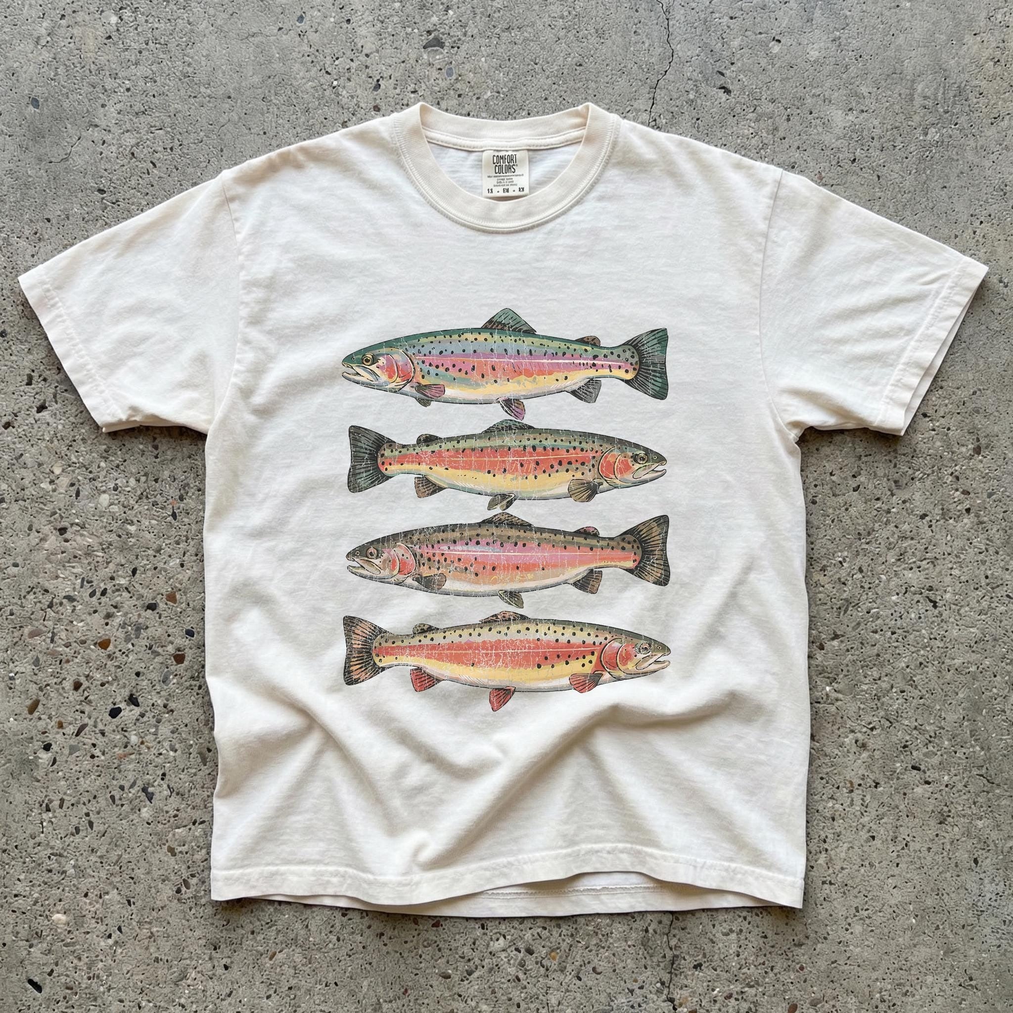 Bojjico Trendy Vintage Rainbow Trout Fishing Graphic Oversized T-Shirt For Women Granola Girl Outdoorsy Aesthetic Pale Yellow Heavyweight Cotton Comfort Colors Tee Retro Nature Lover Gift Casual Summer Camp Streetwear Top