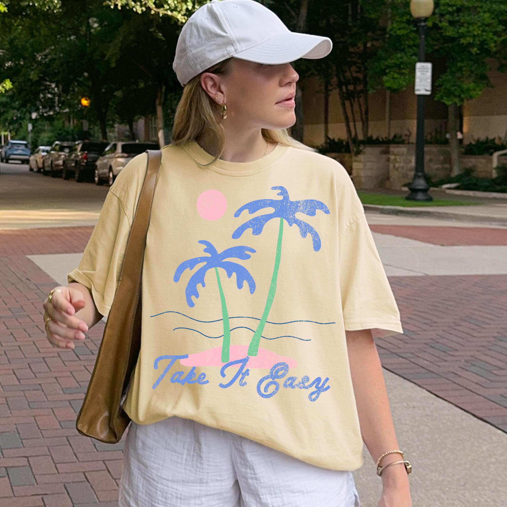 Bojjico Take It Easy Palm Tree Graphic Oversized T-Shirt for Women and Teens Retro Coastal Granddaughter Beachy Summer Preppy Aesthetic Cream Casual Loose Fit Vacation Graphic Tee Trendy Y2K Summervibes Lounge Wear