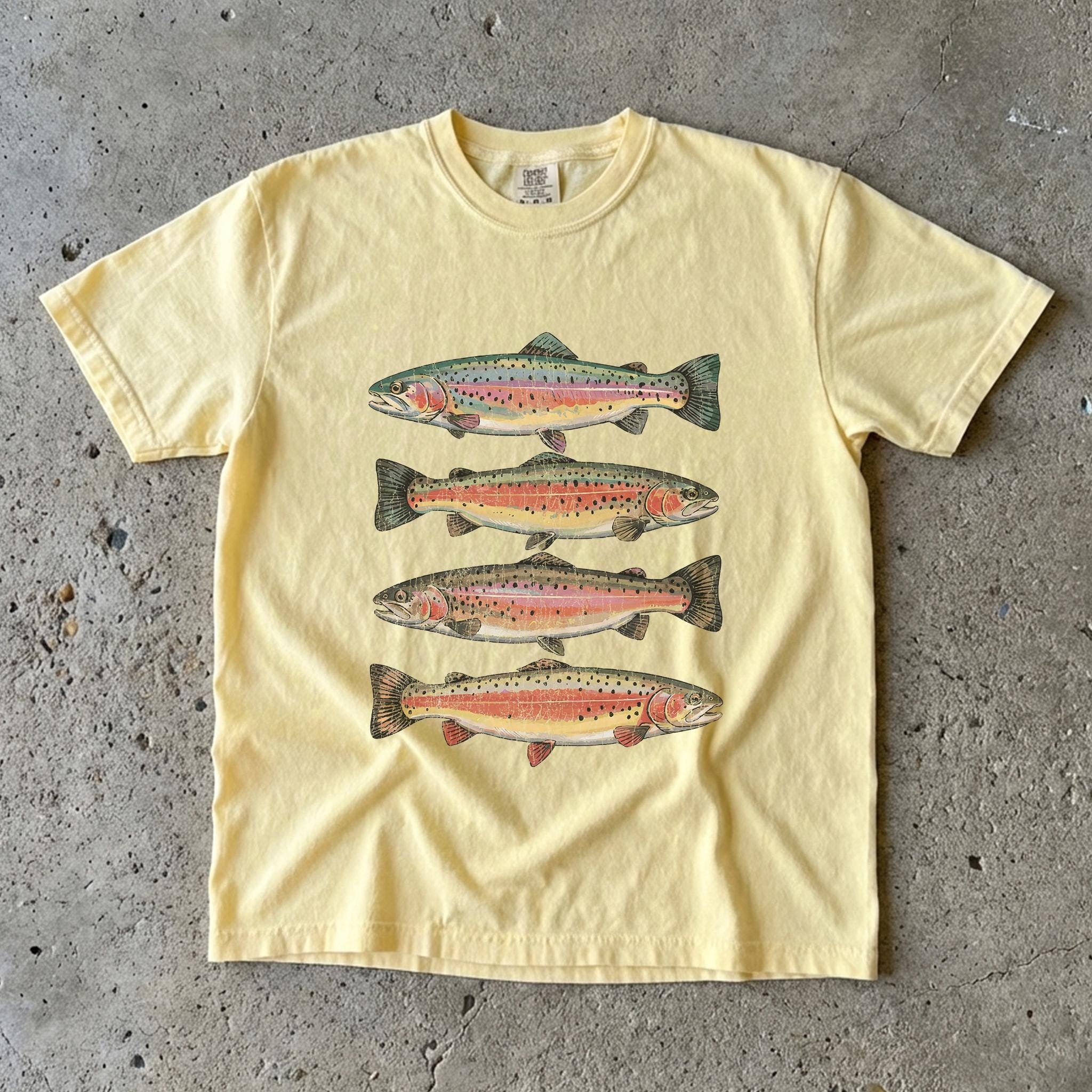 Bojjico Trendy Vintage Rainbow Trout Fishing Graphic Oversized T-Shirt For Women Granola Girl Outdoorsy Aesthetic Pale Yellow Heavyweight Cotton Comfort Colors Tee Retro Nature Lover Gift Casual Summer Camp Streetwear Top