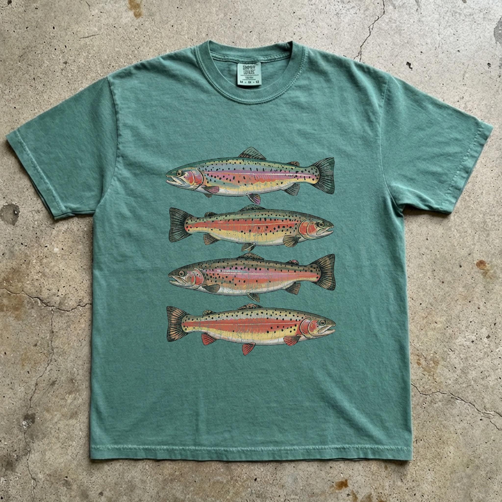 Bojjico Trendy Vintage Rainbow Trout Fishing Graphic Oversized T-Shirt For Women Granola Girl Outdoorsy Aesthetic Pale Yellow Heavyweight Cotton Comfort Colors Tee Retro Nature Lover Gift Casual Summer Camp Streetwear Top