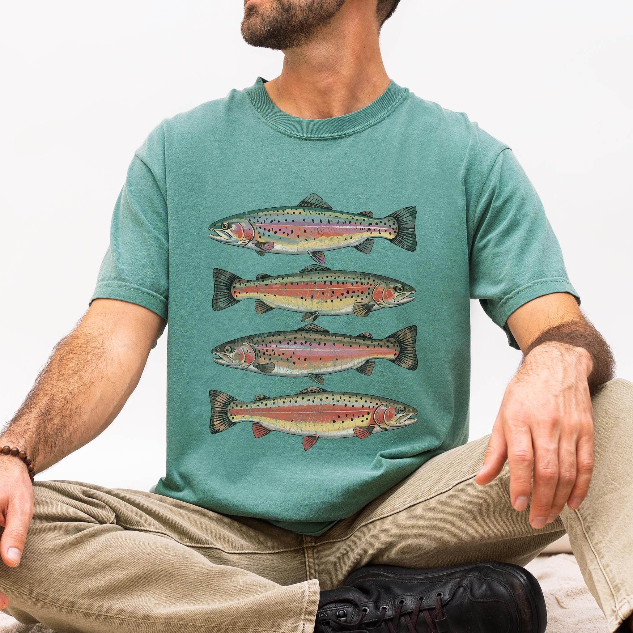 Bojjico Trendy Vintage Rainbow Trout Fishing Graphic Oversized T-Shirt For Women Granola Girl Outdoorsy Aesthetic Pale Yellow Heavyweight Cotton Comfort Colors Tee Retro Nature Lover Gift Casual Summer Camp Streetwear Top