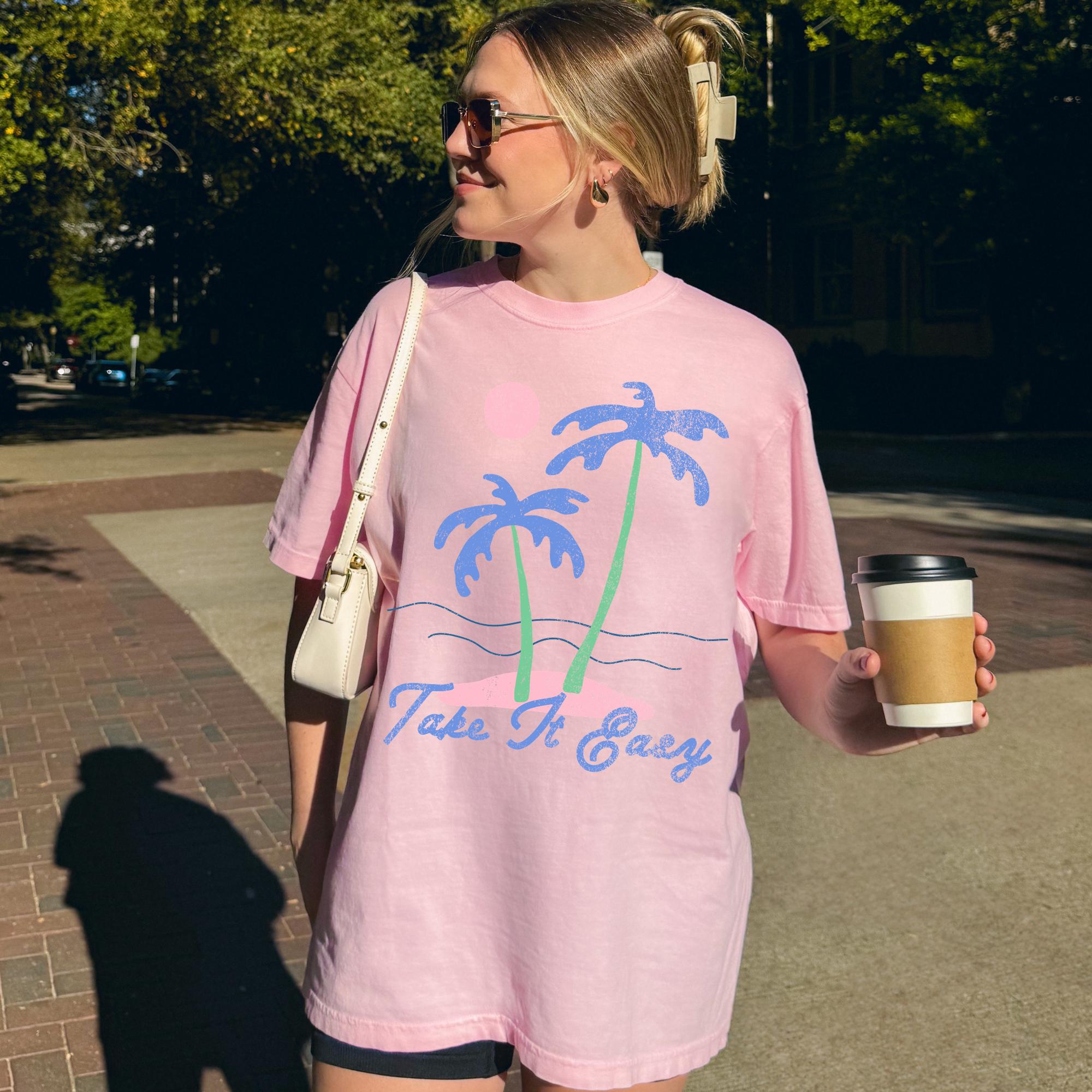 Bojjico Take It Easy Palm Tree Graphic Oversized T-Shirt for Women and Teens Retro Coastal Granddaughter Beachy Summer Preppy Aesthetic Cream Casual Loose Fit Vacation Graphic Tee Trendy Y2K Summervibes Lounge Wear