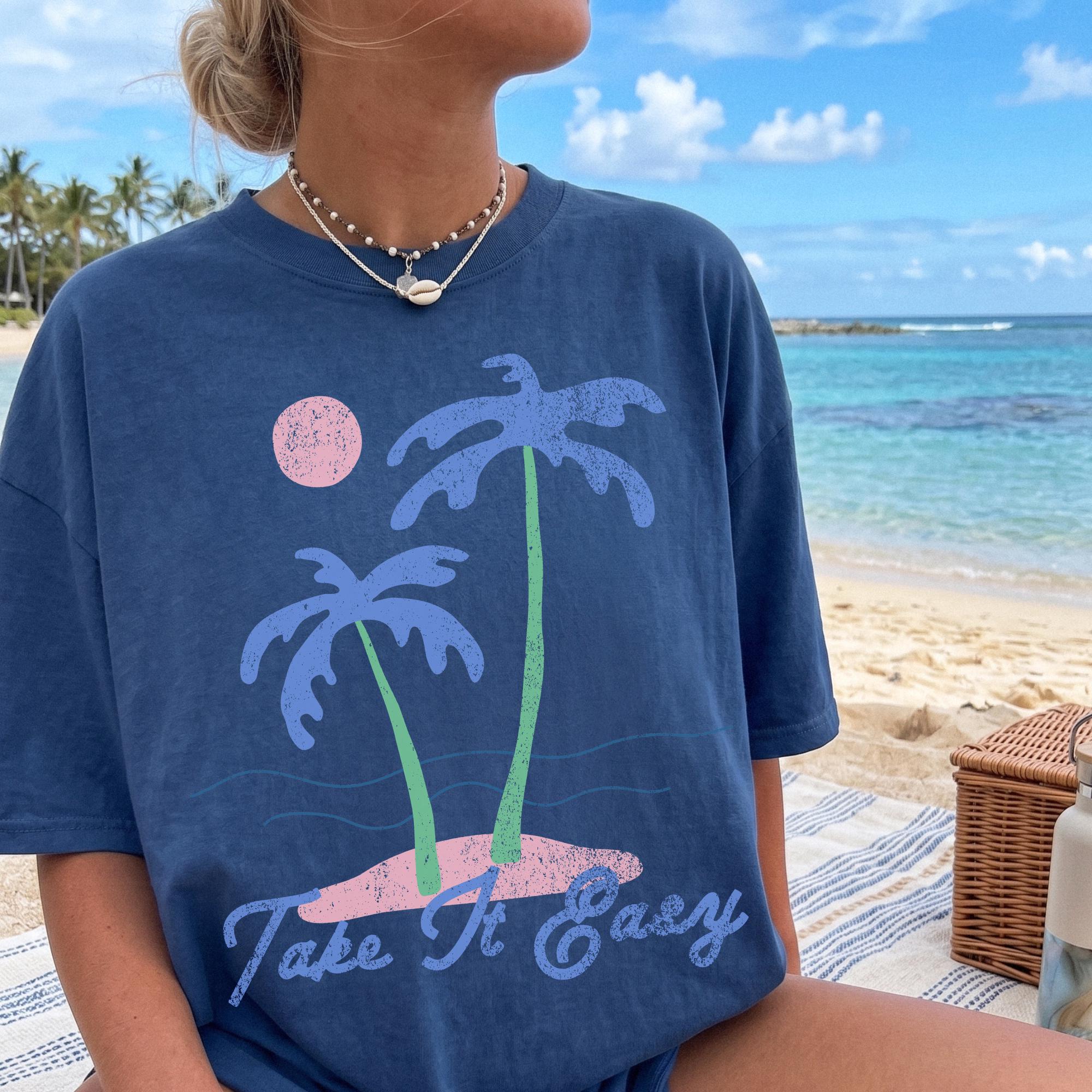 Bojjico Take It Easy Palm Tree Graphic Oversized T-Shirt for Women and Teens Retro Coastal Granddaughter Beachy Summer Preppy Aesthetic Cream Casual Loose Fit Vacation Graphic Tee Trendy Y2K Summervibes Lounge Wear