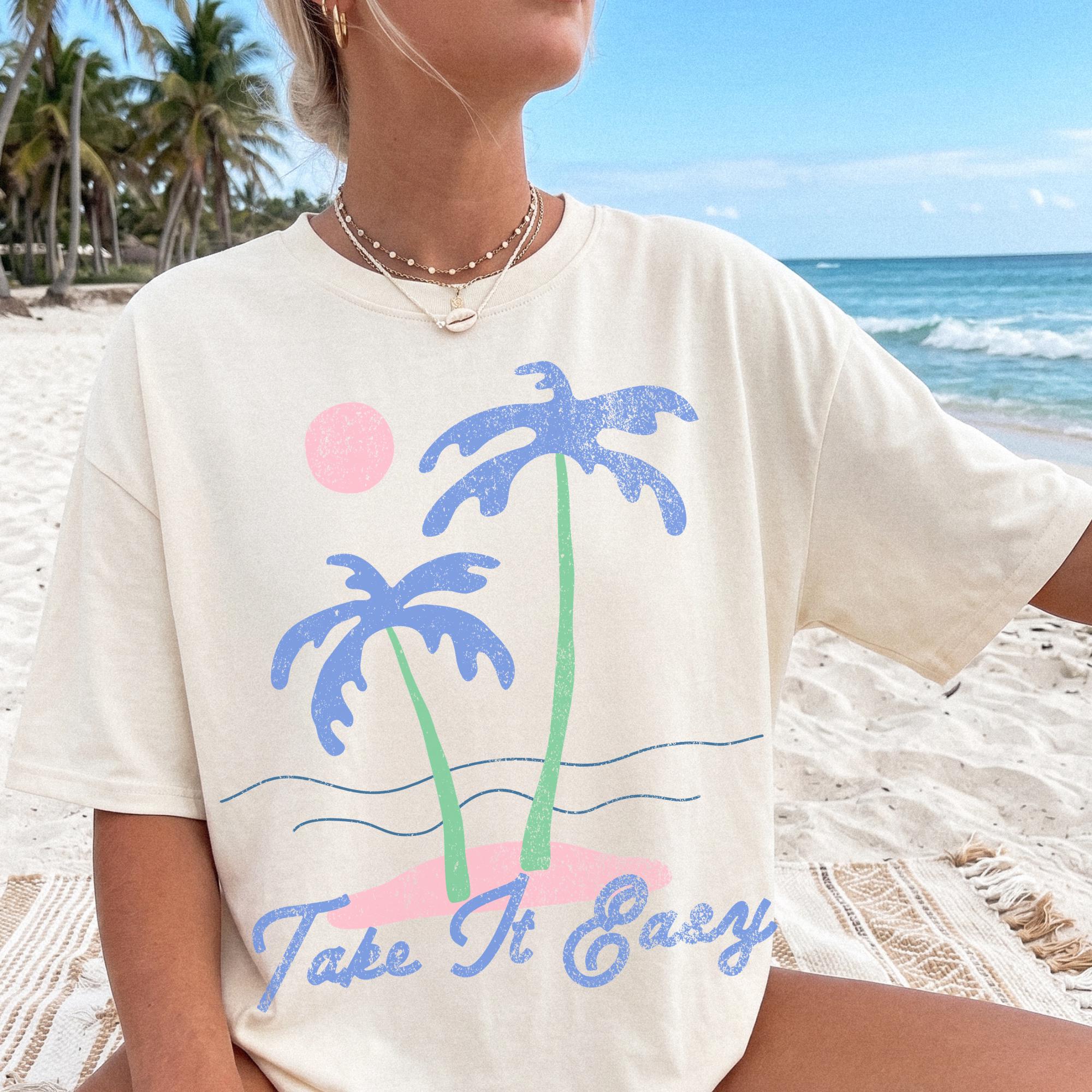 Bojjico Take It Easy Palm Tree Graphic Oversized T-Shirt for Women and Teens Retro Coastal Granddaughter Beachy Summer Preppy Aesthetic Cream Casual Loose Fit Vacation Graphic Tee Trendy Y2K Summervibes Lounge Wear