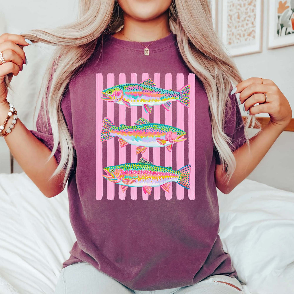 BojjiCo Preppy Summer Rainbow Trout Fishing Graphic T-Shirt for Women Oversized Coastal Beach Retro Fish Shirt Bright Pastel Mint Cotton Tee Maximalist Outdoor Girls Fish Too Apparel Trendy Summer Vacation Outfit Top