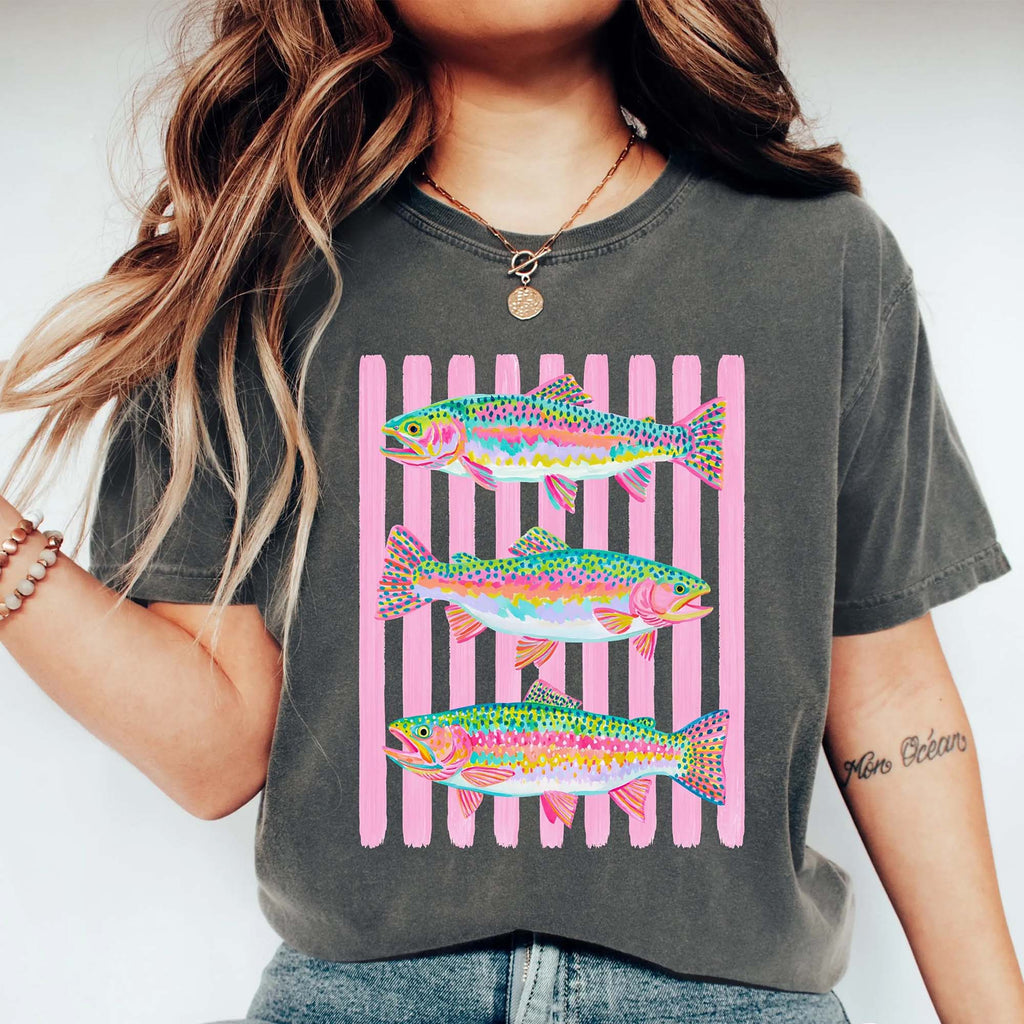 BojjiCo Preppy Summer Rainbow Trout Fishing Graphic T-Shirt for Women Oversized Coastal Beach Retro Fish Shirt Bright Pastel Mint Cotton Tee Maximalist Outdoor Girls Fish Too Apparel Trendy Summer Vacation Outfit Top
