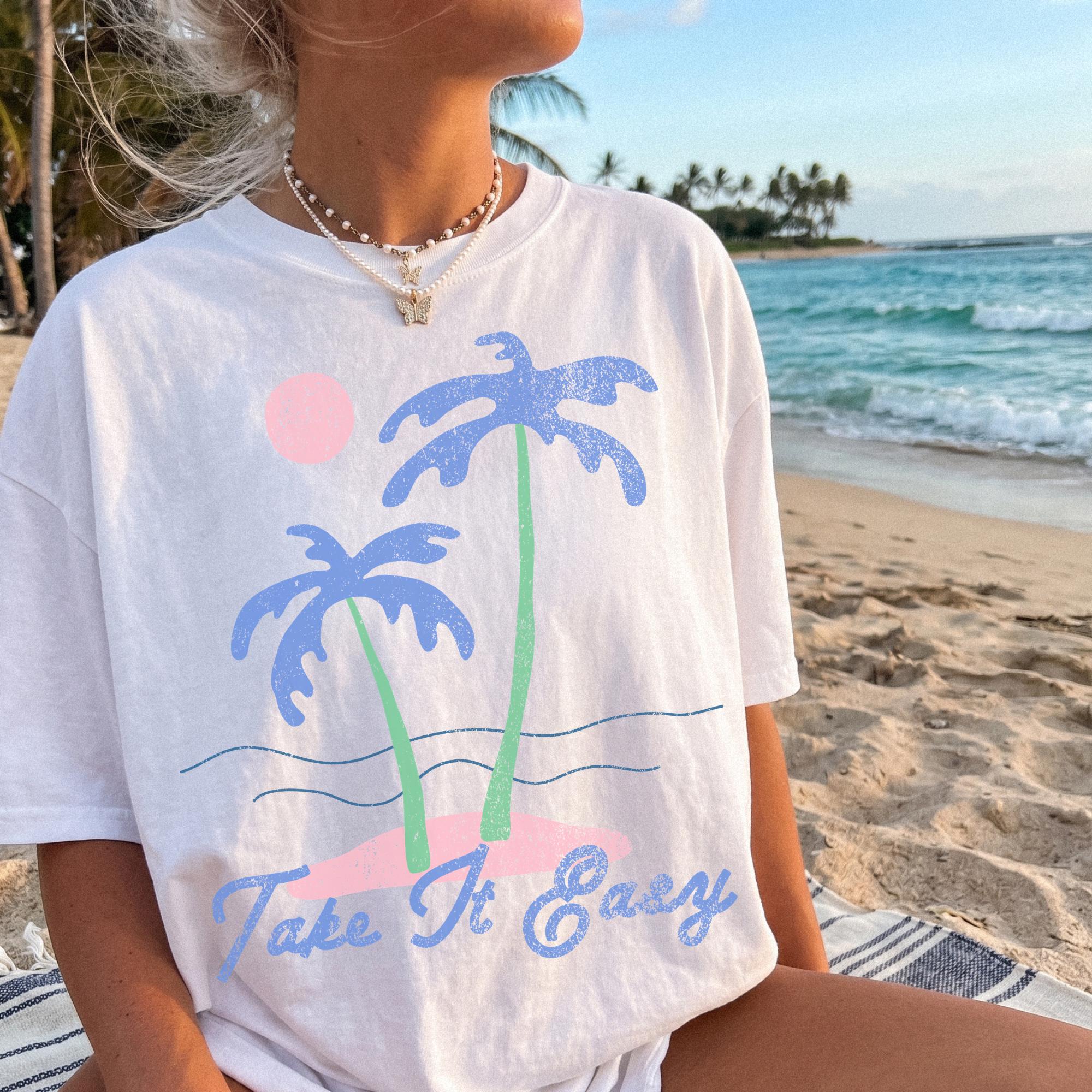 Bojjico Take It Easy Palm Tree Graphic Oversized T-Shirt for Women and Teens Retro Coastal Granddaughter Beachy Summer Preppy Aesthetic Cream Casual Loose Fit Vacation Graphic Tee Trendy Y2K Summervibes Lounge Wear