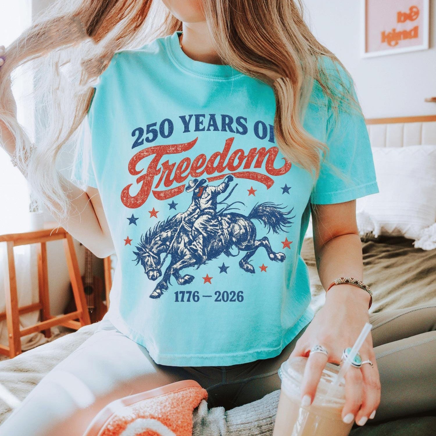 BojjiCo 250 Years Of Freedom Cowboy Graphic Boxy Tee For Women Retro Western Cowgirl Aesthetic Ivory Cotton T-Shirt 1776-2026 4th Of July Patriotic Shirt Summer Festival Top Independence Day Country Music Gift