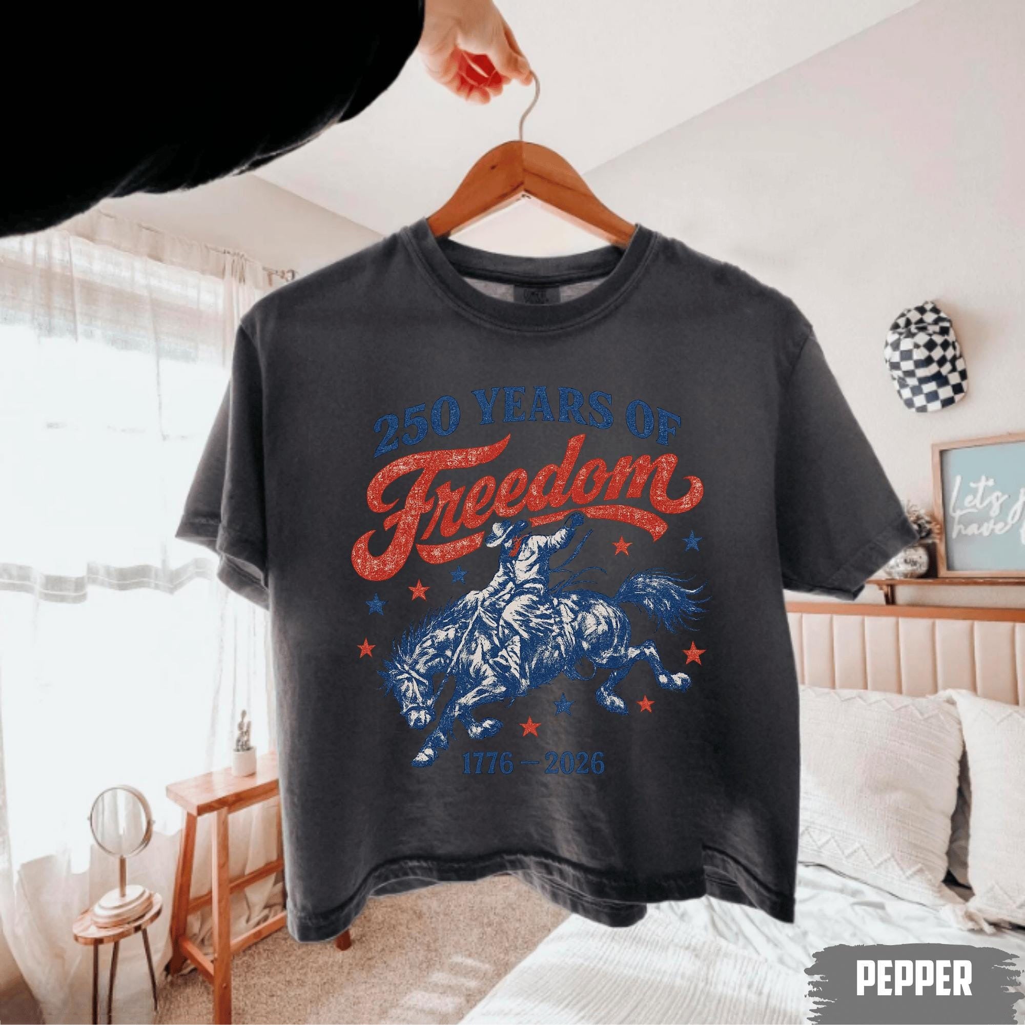 BojjiCo 250 Years Of Freedom Cowboy Graphic Boxy Tee For Women Retro Western Cowgirl Aesthetic Ivory Cotton T-Shirt 1776-2026 4th Of July Patriotic Shirt Summer Festival Top Independence Day Country Music Gift
