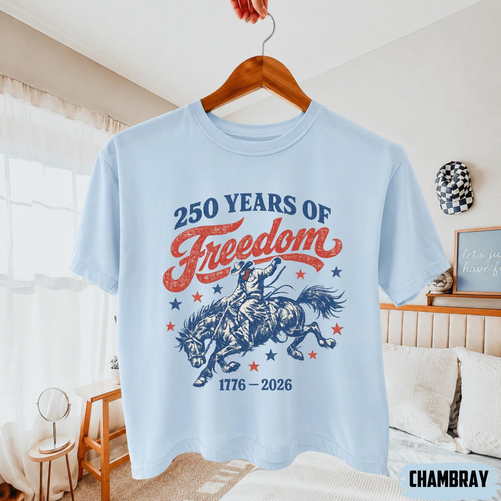 BojjiCo 250 Years Of Freedom Cowboy Graphic Boxy Tee For Women Retro Western Cowgirl Aesthetic Ivory Cotton T-Shirt 1776-2026 4th Of July Patriotic Shirt Summer Festival Top Independence Day Country Music Gift