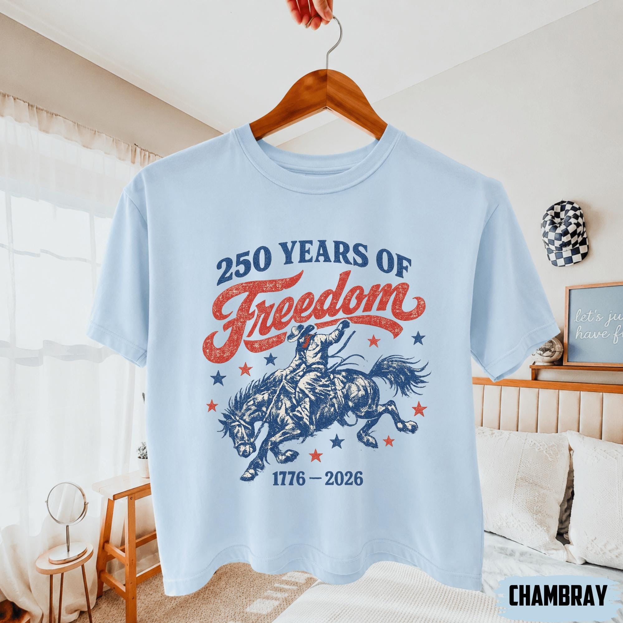 BojjiCo 250 Years Of Freedom Cowboy Graphic Boxy Tee For Women Retro Western Cowgirl Aesthetic Ivory Cotton T-Shirt 1776-2026 4th Of July Patriotic Shirt Summer Festival Top Independence Day Country Music Gift