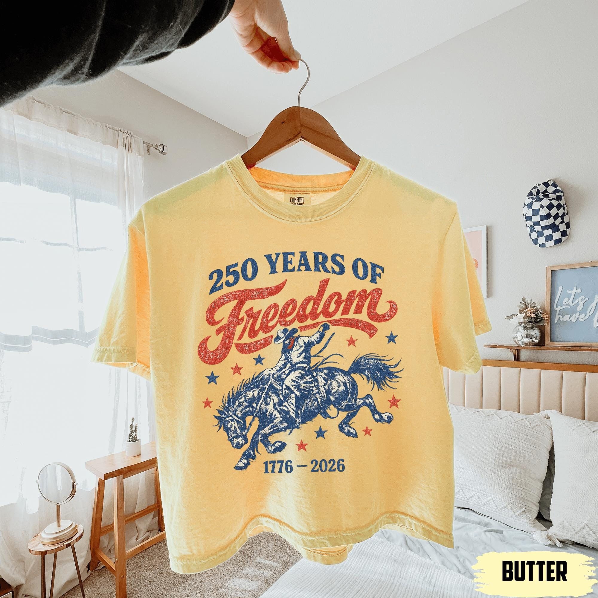 BojjiCo 250 Years Of Freedom Cowboy Graphic Boxy Tee For Women Retro Western Cowgirl Aesthetic Ivory Cotton T-Shirt 1776-2026 4th Of July Patriotic Shirt Summer Festival Top Independence Day Country Music Gift