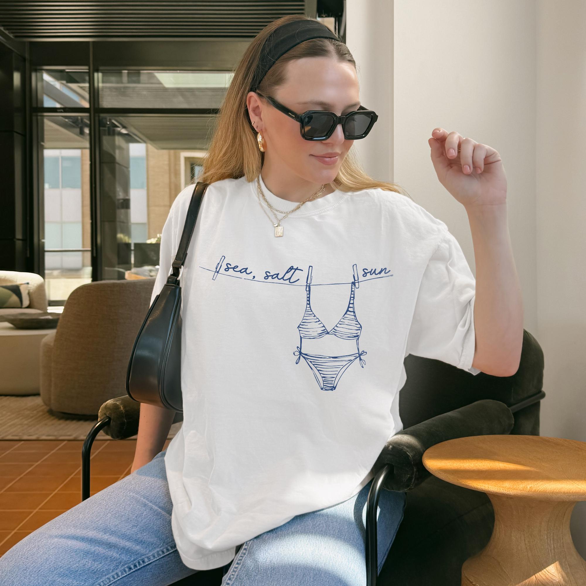 Bojjico Sea Salt Sun Bikini Graphic Oversized T-Shirt For Women Coastal Granddaughter Preppy Summer Beachy Vintage White Cotton Apparel Beach Holiday Vacation Top Casual Loose Fit Tee Trendy Retro Summervibes Cover Up Clothes