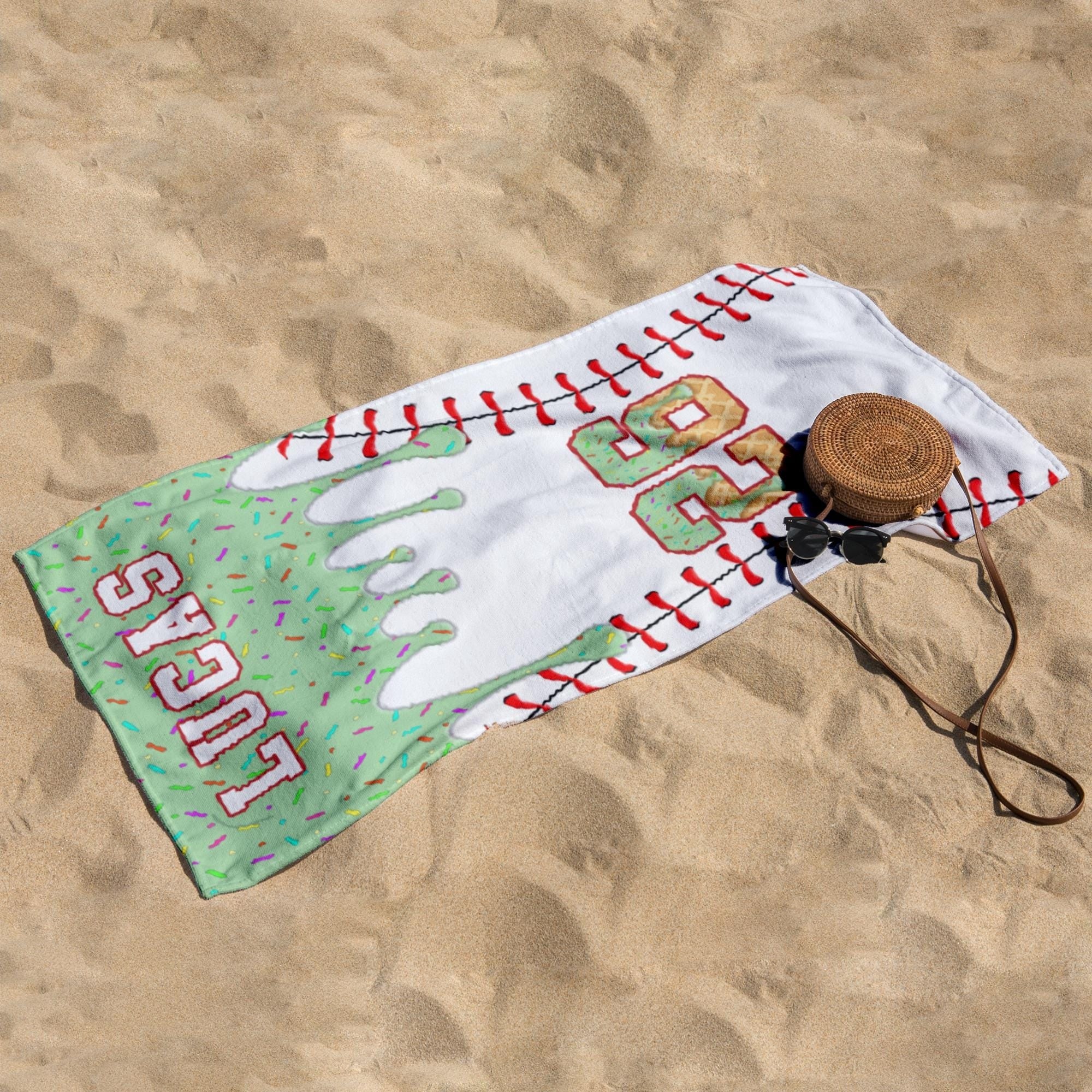 Bojjico Personalized Custom Baseball Drip Beach Matching Towel for Kids Boys Sports Fans Summervibes Aesthetic Ice Cream Sprinkles Pattern Quick Dry Microfiber Pool Bath Towel Custom Name Number Baseball Player Gifts Summer Holiday Vacation