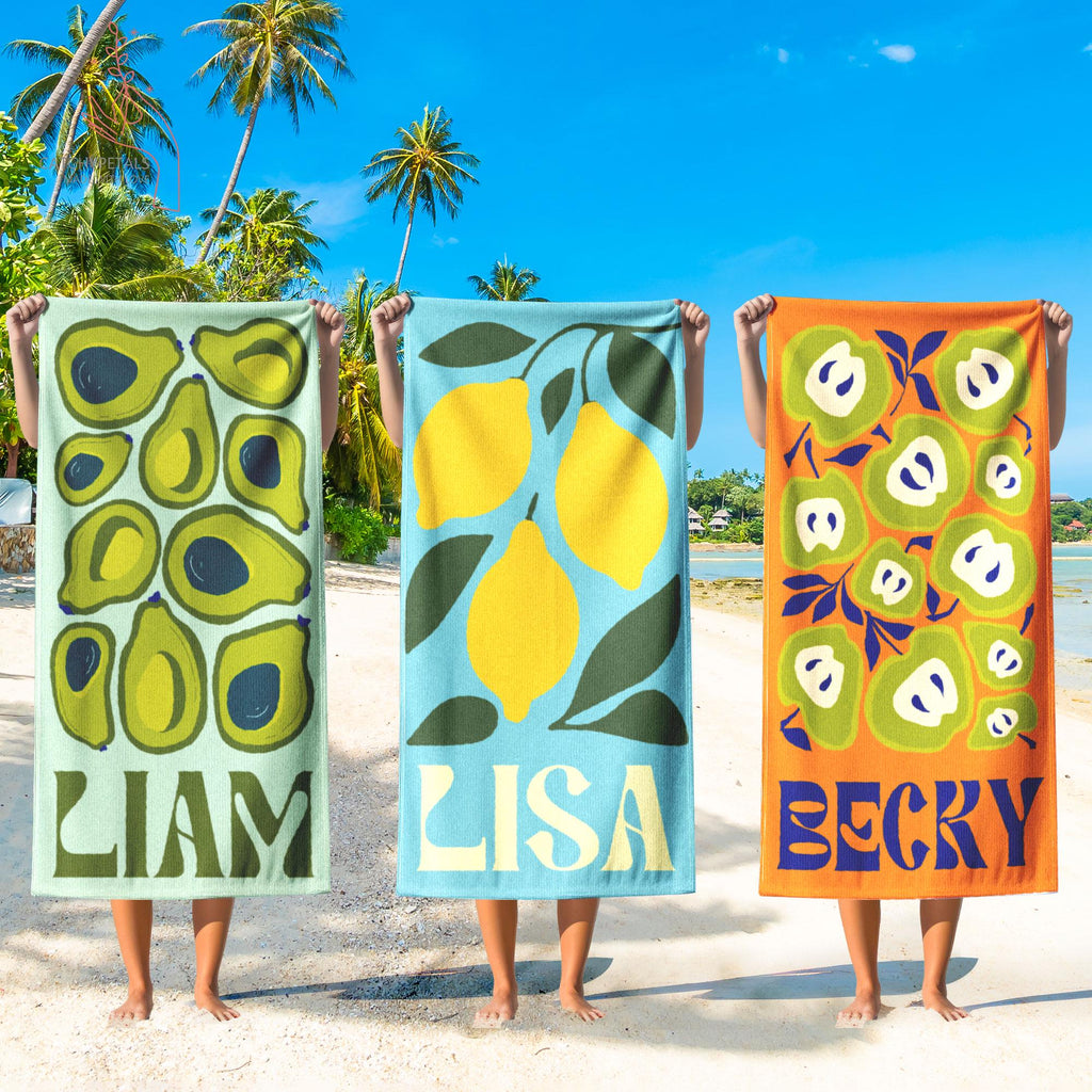 Bojjico Personalized Retro Fruit Pattern Custom Name Matching Beach Towel for Women Men Groovy Vibes Y2K Funky Aesthetic Summervibes Vibrant Colorful Quick Dry Microfiber Pool Towel Bachelorette Party Vacation Summer Trip Gift Large Sand Free