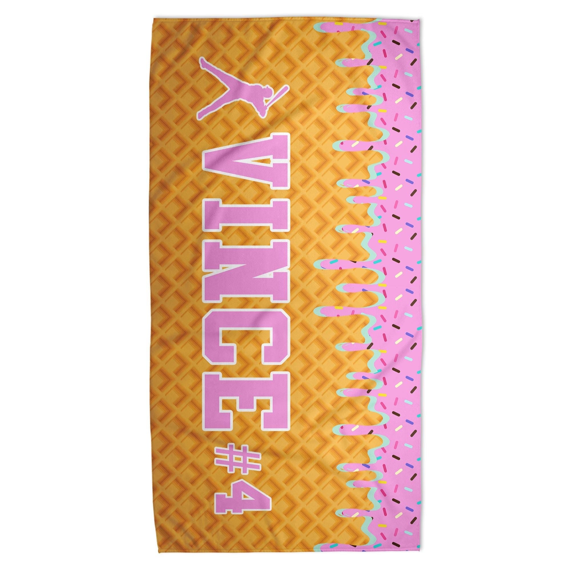Bojjico Custom Personalized Ice Cream Drip Baseball Beach Matching Towel For Boys Youth Fun Aesthetic Pink Waffle Cone Pool Towel Microfiber Sports Team Gift With Custom Kid Name Number Print Summervibes Vacation Summerwins Beach Holiday Gifts