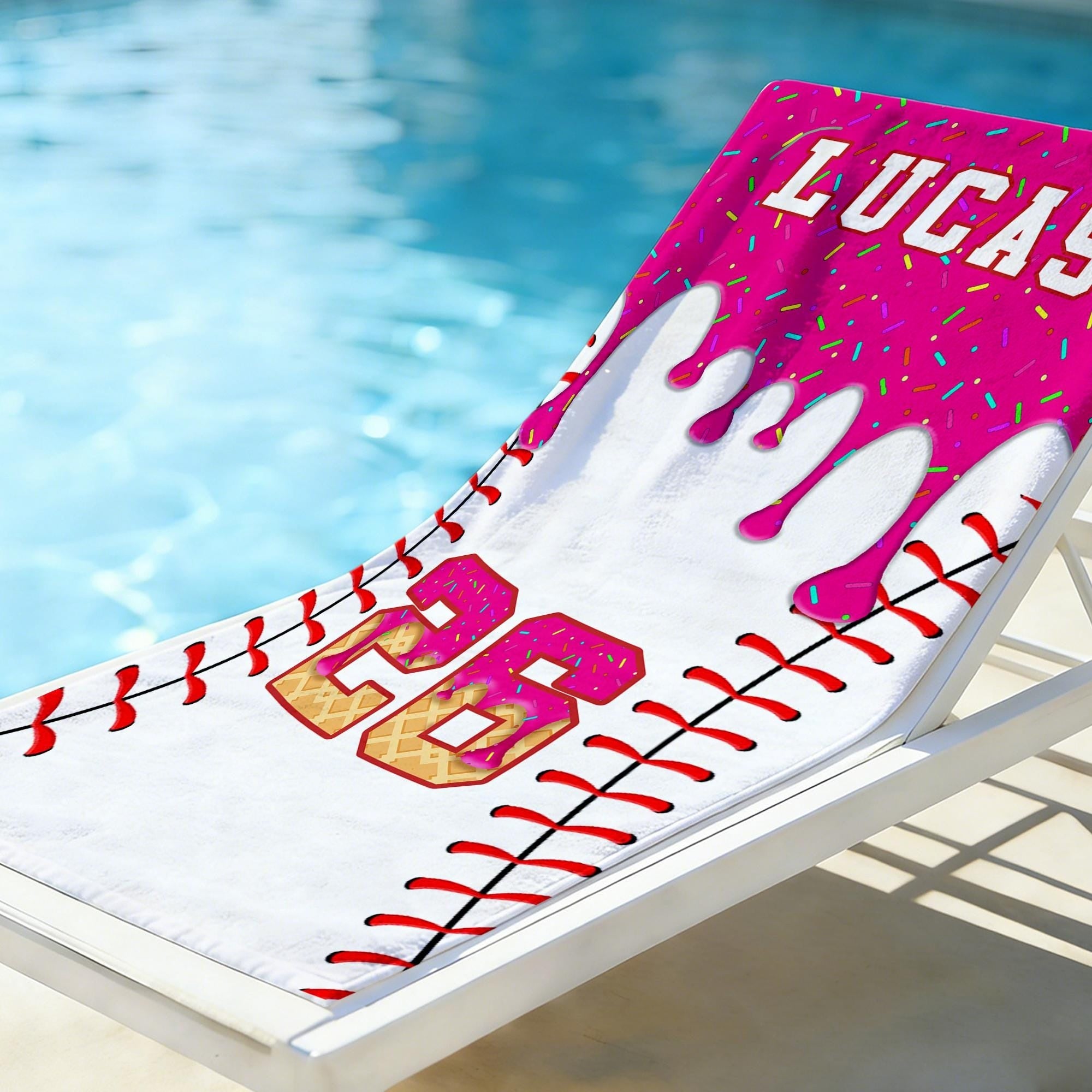 Bojjico Personalized Custom Baseball Drip Beach Matching Towel for Kids Boys Sports Fans Summervibes Aesthetic Ice Cream Sprinkles Pattern Quick Dry Microfiber Pool Bath Towel Custom Name Number Baseball Player Gifts Summer Holiday Vacation