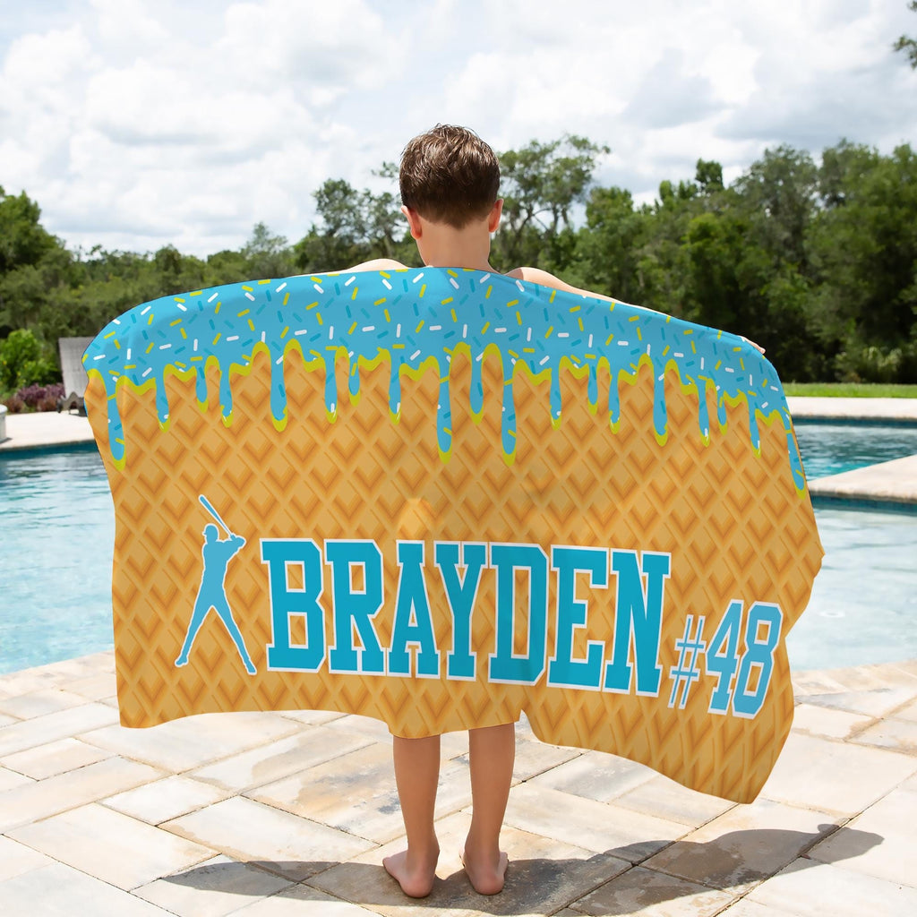 Bojjico Custom Personalized Ice Cream Drip Baseball Beach Matching Towel For Boys Youth Fun Aesthetic Pink Waffle Cone Pool Towel Microfiber Sports Team Gift With Custom Kid Name Number Print Summervibes Vacation Summerwins Beach Holiday Gifts
