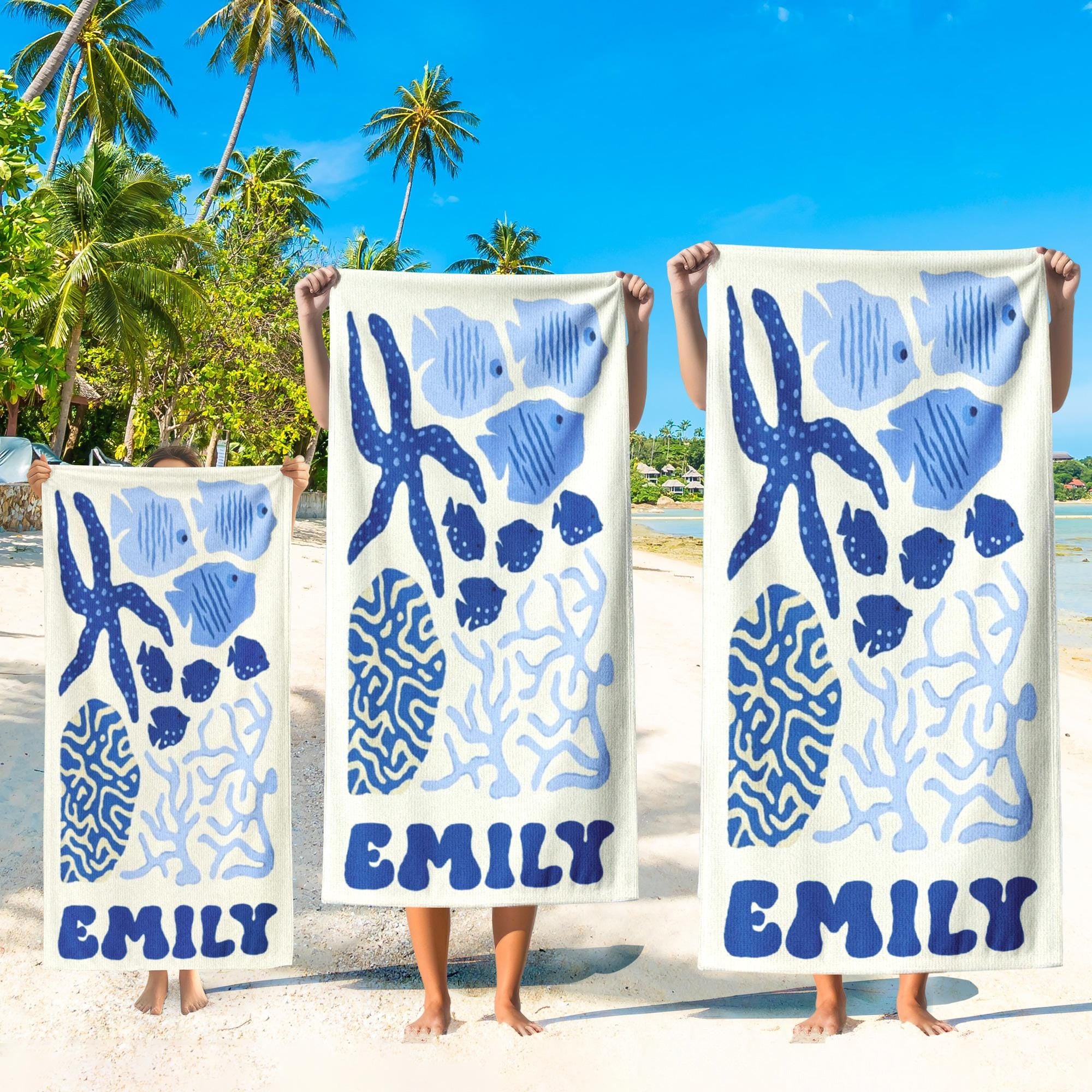 Bojjico Custom Mermaid Tail Family Matching Beach Towel Personalized Mother & Daughter Gift Set Watercolor Crab Ocean Coastal Aesthetic Blue Pink Microfiber Pool Towels For Girls Women Kids Summer Vacation Beach Accessories Fast Dry Sand Free Swim