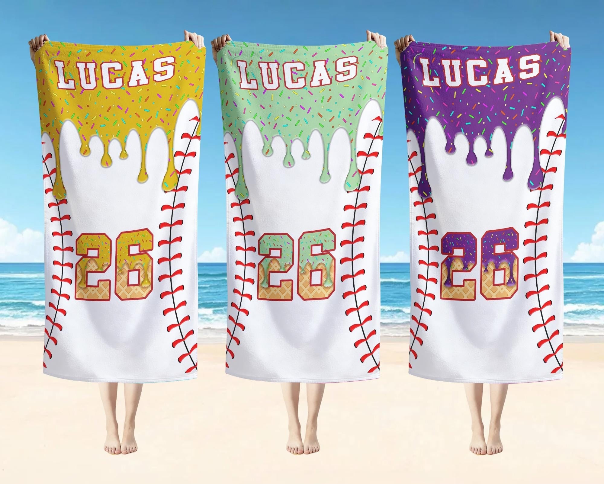 Bojjico Personalized Custom Baseball Drip Beach Matching Towel for Kids Boys Sports Fans Summervibes Aesthetic Ice Cream Sprinkles Pattern Quick Dry Microfiber Pool Bath Towel Custom Name Number Baseball Player Gifts Summer Holiday Vacation