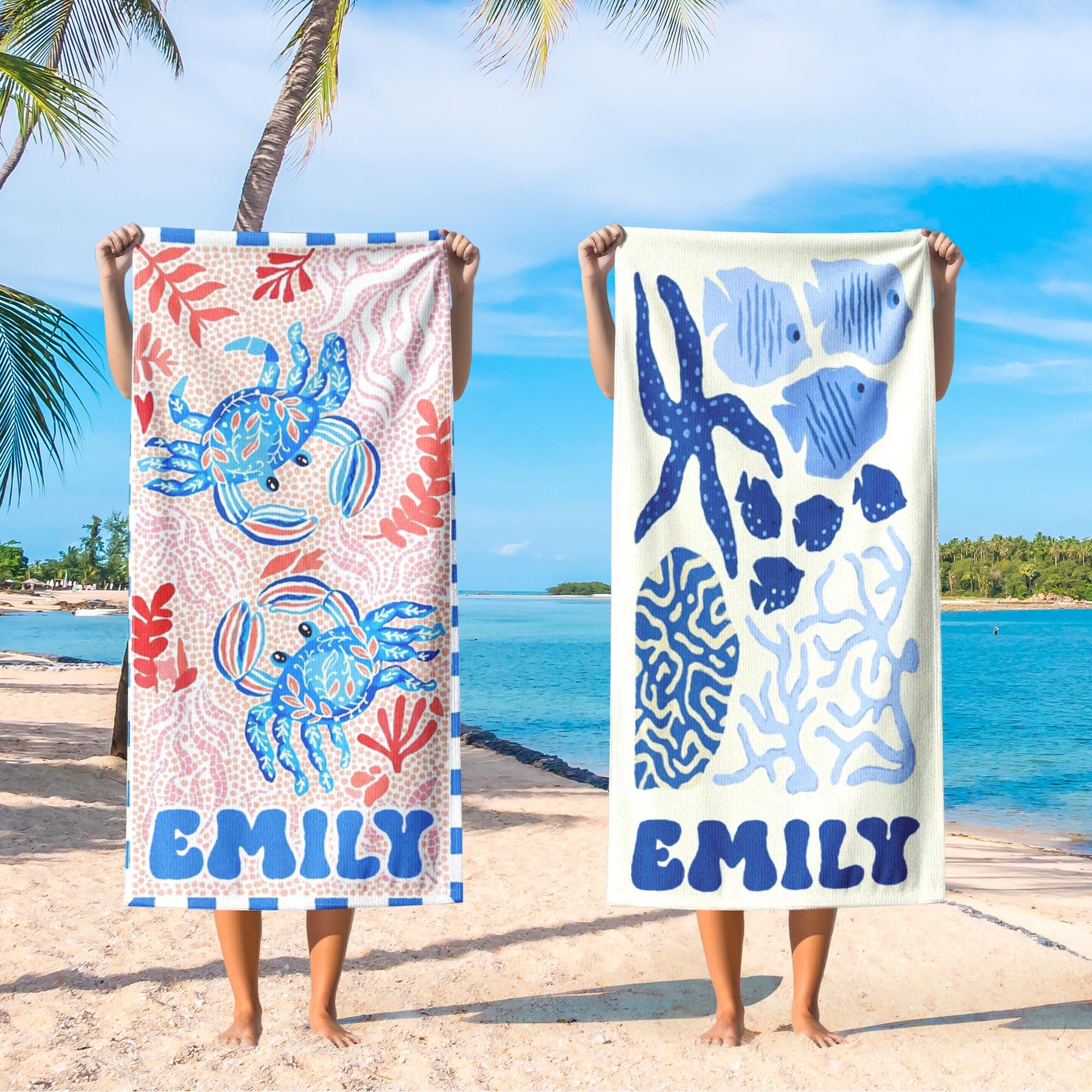 Bojjico Custom Mermaid Tail Family Matching Beach Towel Personalized Mother & Daughter Gift Set Watercolor Crab Ocean Coastal Aesthetic Blue Pink Microfiber Pool Towels For Girls Women Kids Summer Vacation Beach Accessories Fast Dry Sand Free Swim
