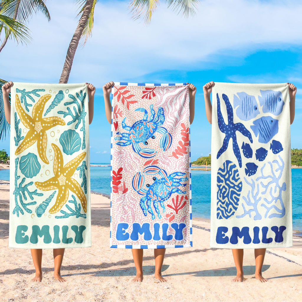 Bojjico Custom Mermaid Tail Family Matching Beach Towel Personalized Mother & Daughter Gift Set Watercolor Crab Ocean Coastal Aesthetic Blue Pink Microfiber Pool Towels For Girls Women Kids Summer Vacation Beach Accessories Fast Dry Sand Free Swim