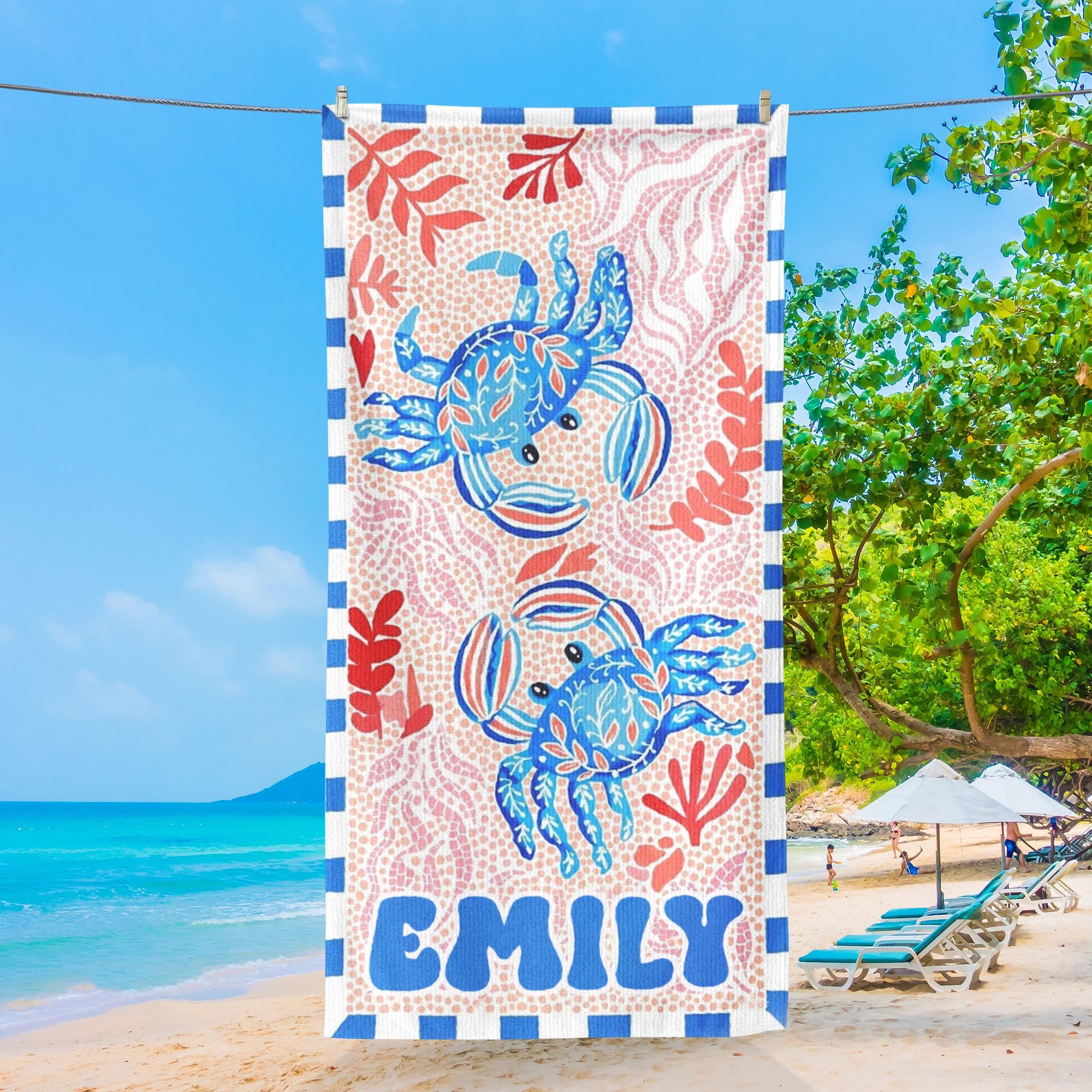 Bojjico Custom Mermaid Tail Family Matching Beach Towel Personalized Mother & Daughter Gift Set Watercolor Crab Ocean Coastal Aesthetic Blue Pink Microfiber Pool Towels For Girls Women Kids Summer Vacation Beach Accessories Fast Dry Sand Free Swim
