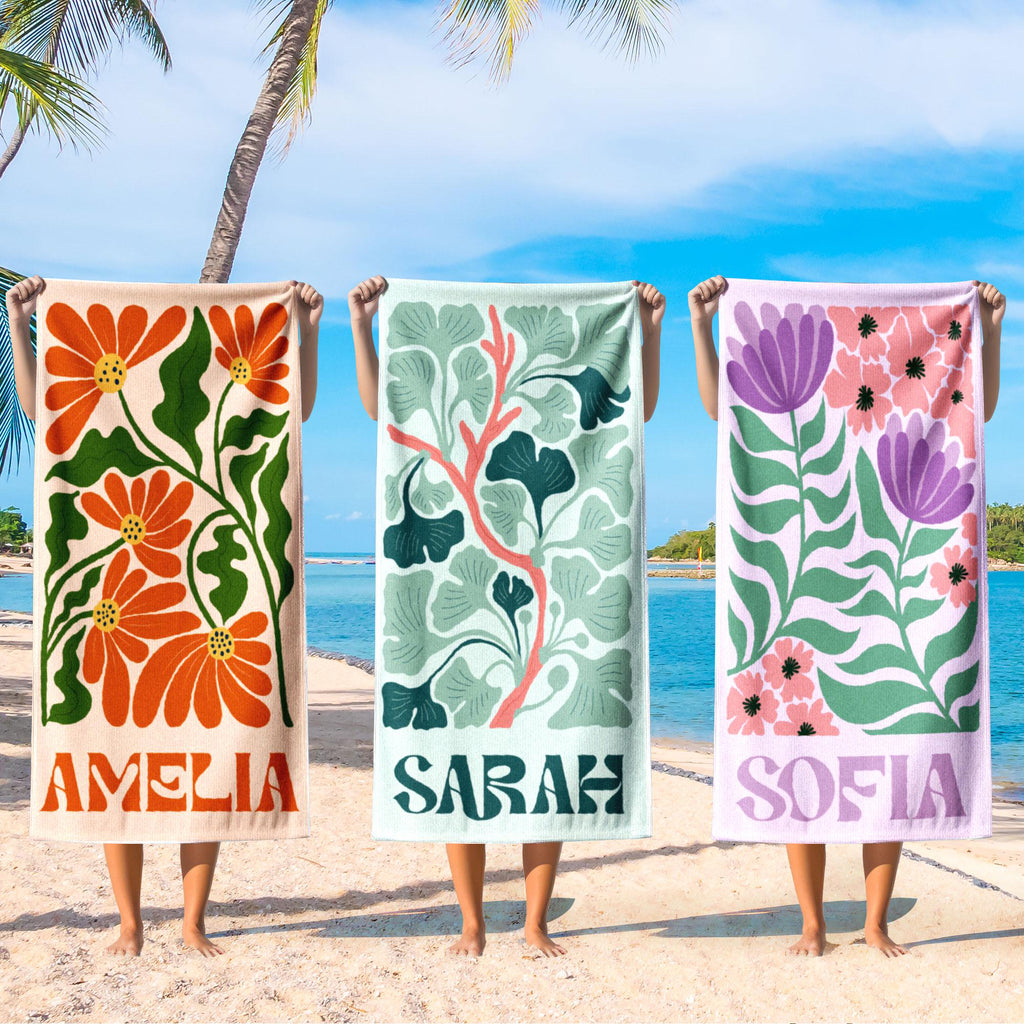 Bojjico Personalized Retro Fruit Pattern Custom Name Matching Beach Towel for Women Men Groovy Vibes Y2K Funky Aesthetic Summervibes Vibrant Colorful Quick Dry Microfiber Pool Towel Bachelorette Party Vacation Summer Trip Gift Large Sand Free